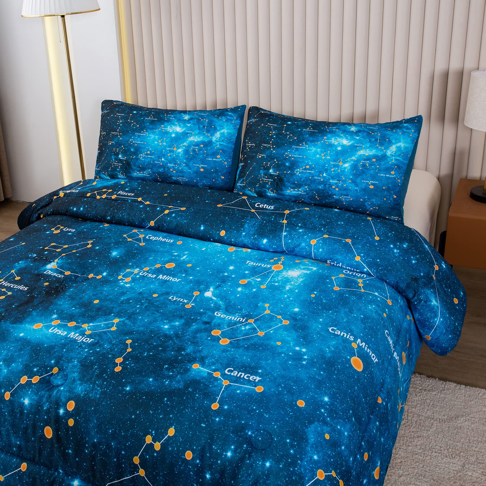 Bodhi Galaxy Comforter Set Queen Size - Space Themed Bedding for Kids & Teens - Breathable Microfiber Comforter with 2 Pillowcases - Dark Blue Cosmos Constellation Design - Perfect for Bedrooms, Dorm Rooms & Sleepovers (3 Piece Set)