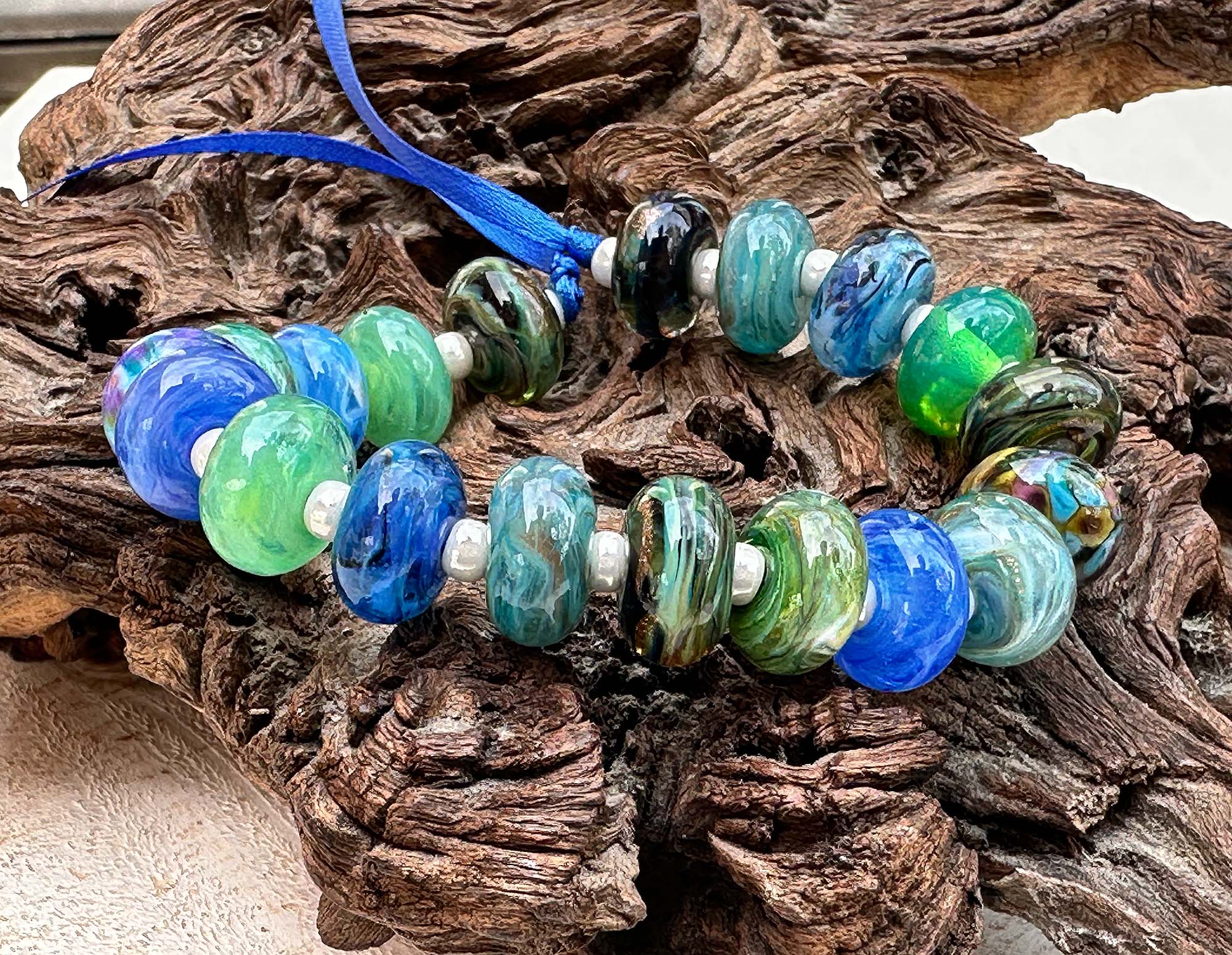 19pcs Blue Green Lampwork Glass Beads Set for Jewelry Making - Handmade SRA Orphan Beads for Necklaces, Bracelets, DIY Crafts & Gifts