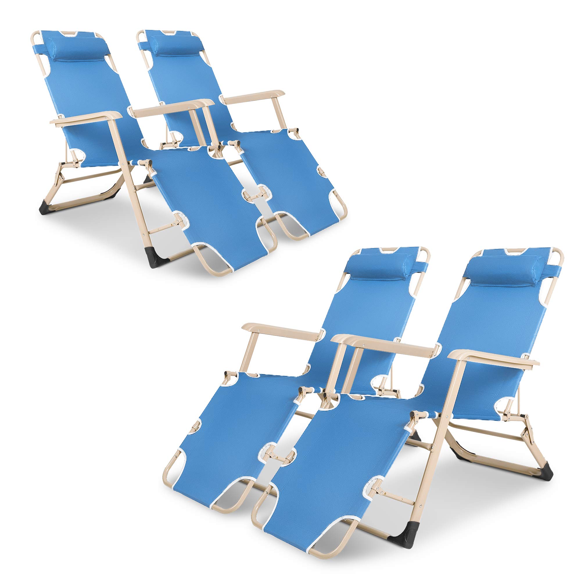 4 Pack Outdoor Chaise Lounge Chairs - Lightweight Folding Recliners with Removable Adjustable Pillow, Patio Poolside Sunbathing Chairs for Backyard, Beach & Garden - Blue