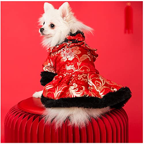 Stylish Chinese Dog Dresses for Small & Medium Dogs - Lace Bow Princess Outfit for Weddings, New Year, Spring Festival & Winter Parties | Cute Pet Costume for Teddy Dogs & Cats