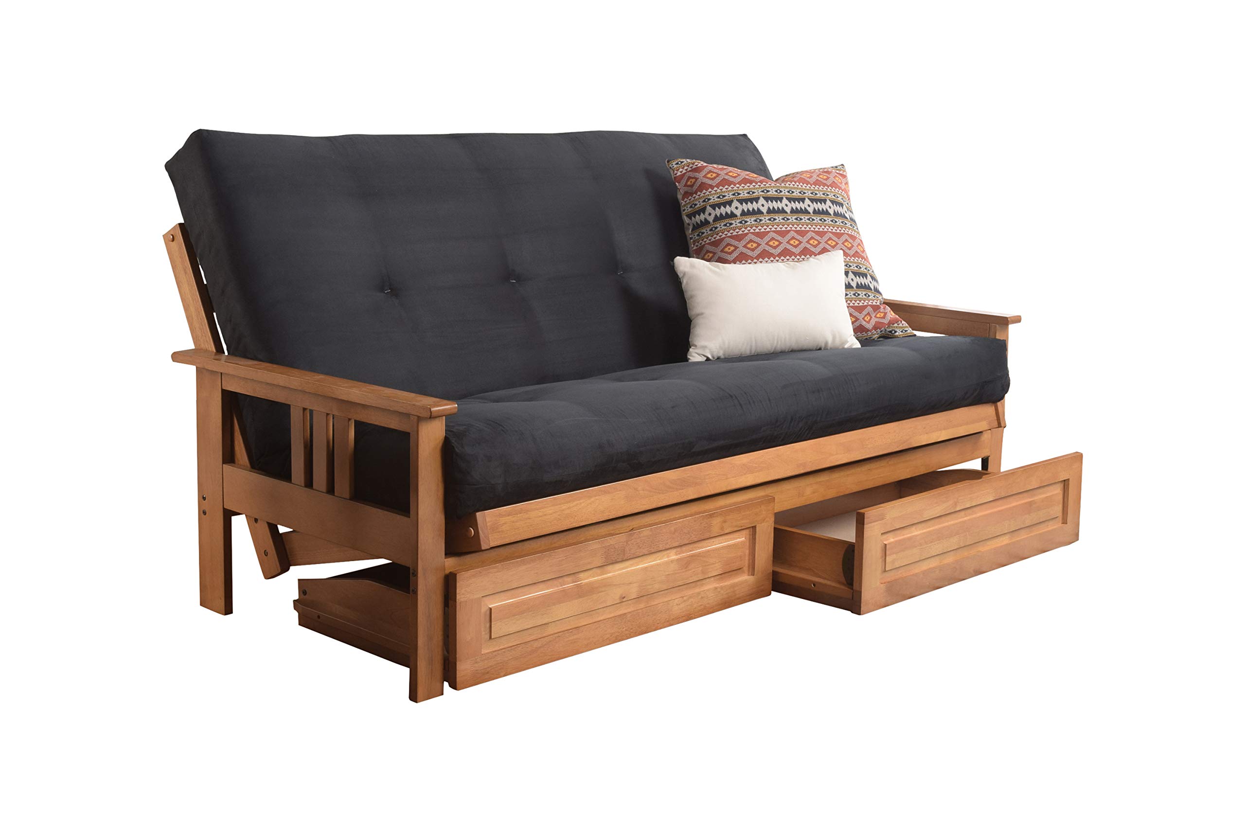 Kodiak Furniture Monterey Futon Set with Storage Drawers - Butternut Wood Base & Black Suede Mattress | Space-Saving Sleeper Sofa for Small Apartments, Guest Rooms & Dorm Living