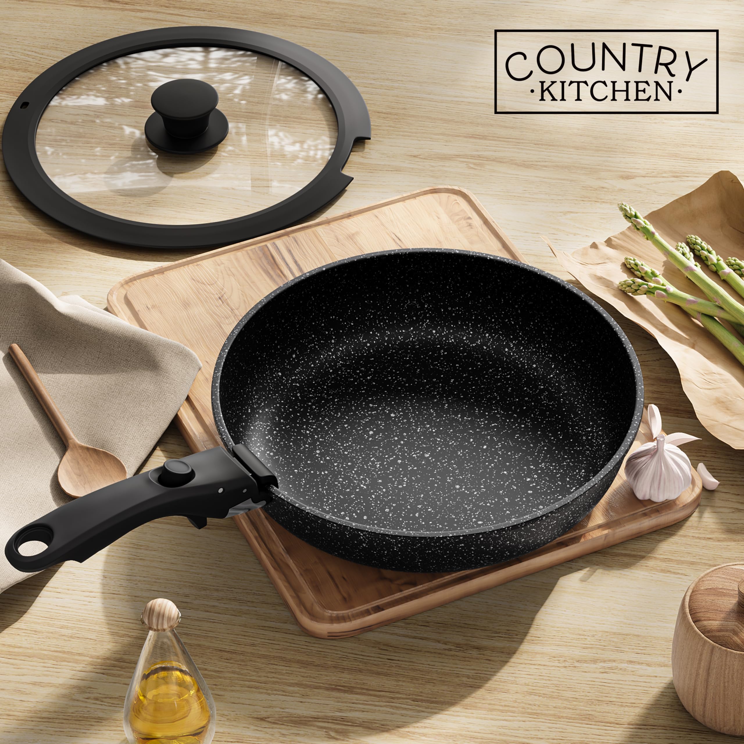**Premium Country Kitchen Cookware Set with Removable Handle - Oven & RV Safe Nonstick Pots and Pans Set in Black - Ideal for Home Cooking, Camping & RV Travel**