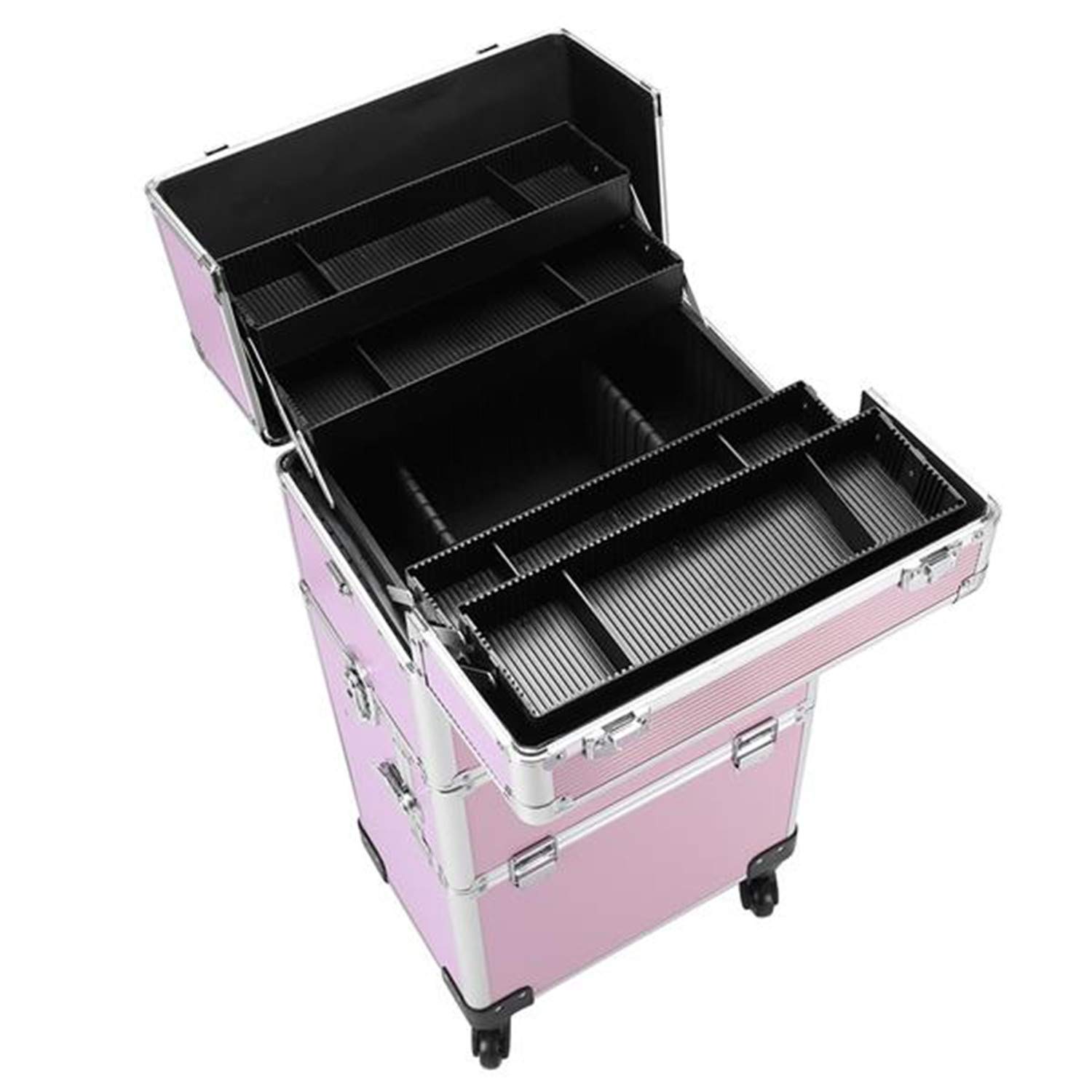 Professional 3-in-1 Aluminum Rolling Makeup Case - Cosmetic Organizer with 4 Detachable Wheels, Pink Trolley Train Case for Artists & Tattoo Professionals | Perfect for Salon, Travel & Mobile Beauty Services