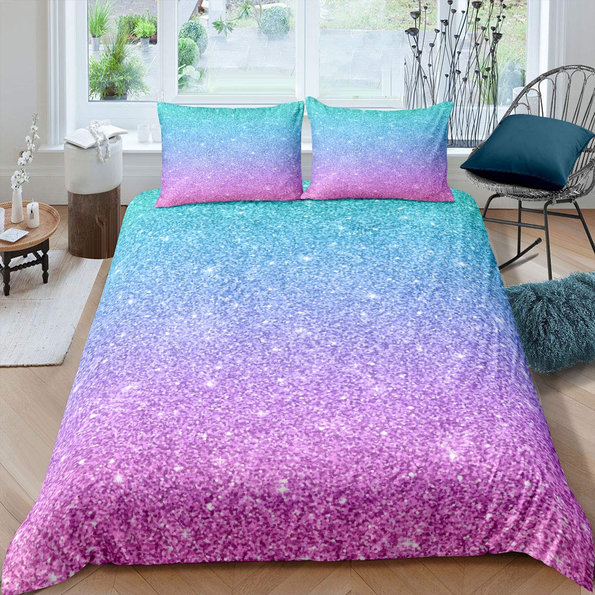 Feelyou Pastel Glitter Comforter Cover Set - Red & Pink Gradient Print Bedding for Girls, Includes 1 Duvet Cover + 2 Pillowcases, King Size | Soft & Stylish Bedroom Decor for Teens, Dorm Rooms & Princess Themed Bedrooms