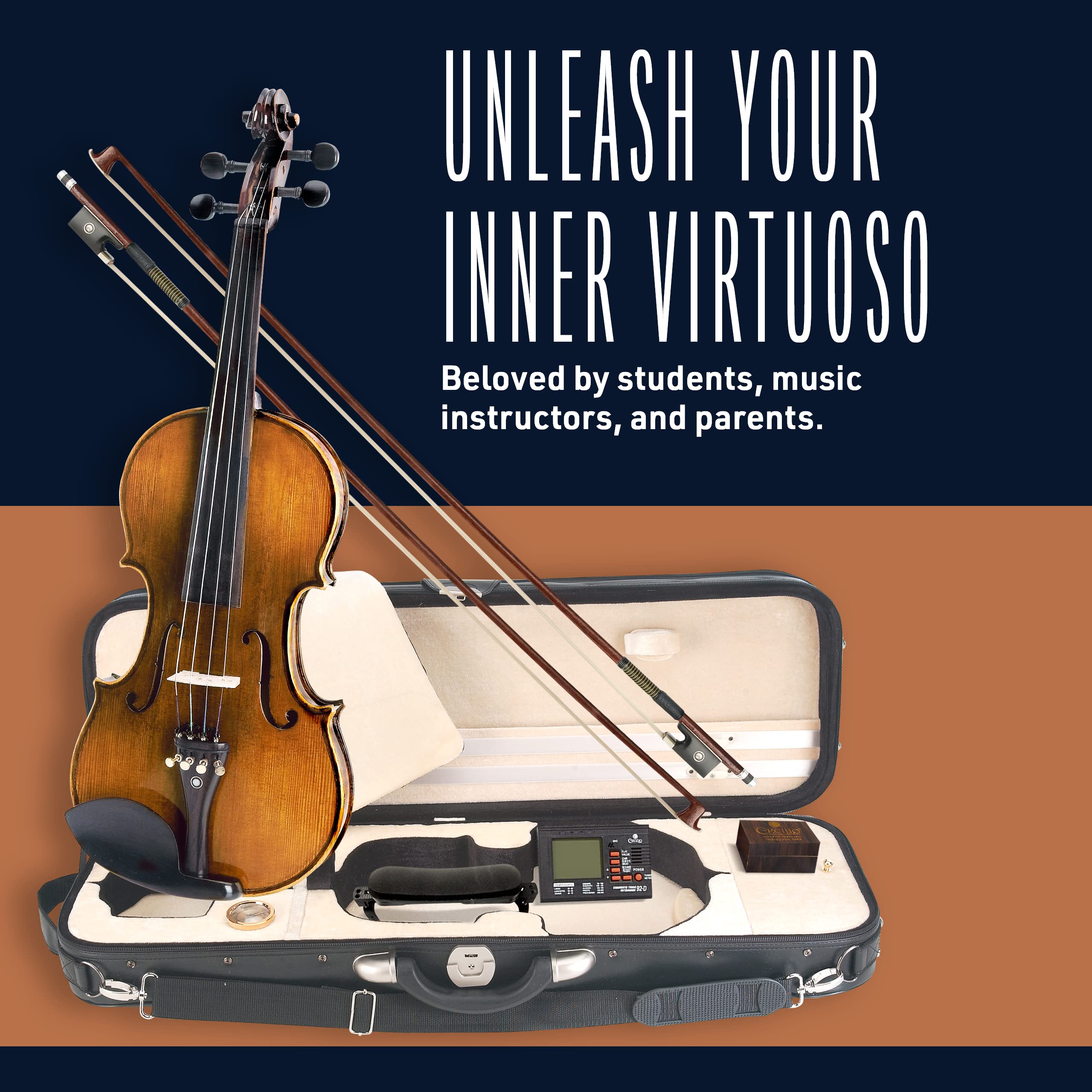 Cecilio CVN-600 Full Size 4/4 Solid Wood Violin with Hand Oil Rub Finish & D'Addario Prelude Strings - Highly Flamed 1-Piece Back for Professional Musicians & Students - Perfect for Orchestras, Concerts & Music Lessons
