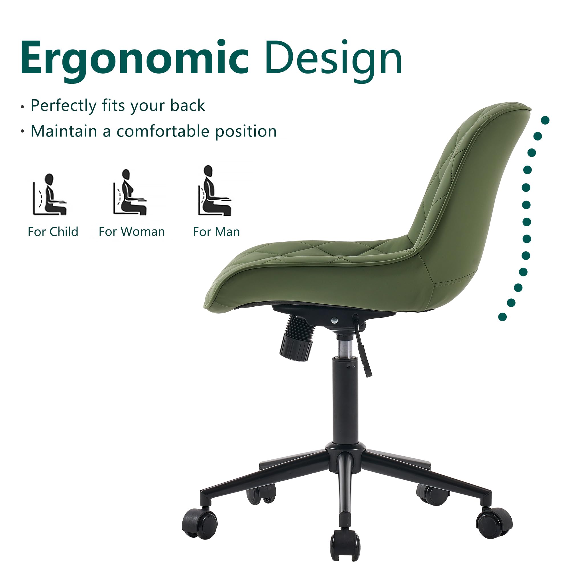 YOUNUOKE Armless Desk Chair - Comfortable Home Office Computer Chair with Wheels, Swivel Rolling Task Chair, Modern Upholstered Executive Vanity Chair in Olive - Perfect for Small Spaces, Gaming & Workstations
