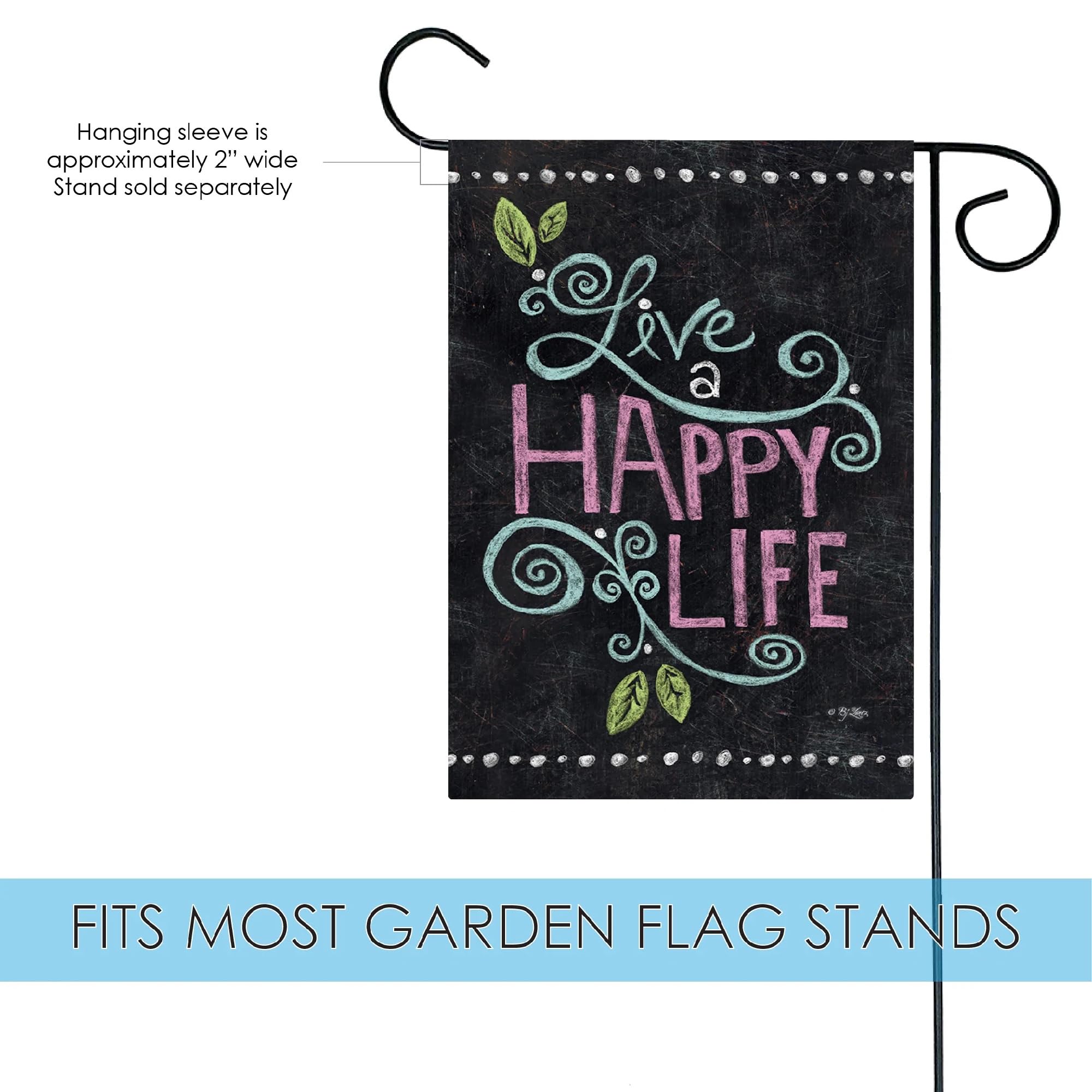 Toland Home Garden Happy Life Chalkboard Garden Flag - 12x18 Inch Double Sided Outdoor Yard Decoration for House, Positive Message Welcome Sign - Perfect for Front Porch, Lawn Decor & Seasonal Home Greetings