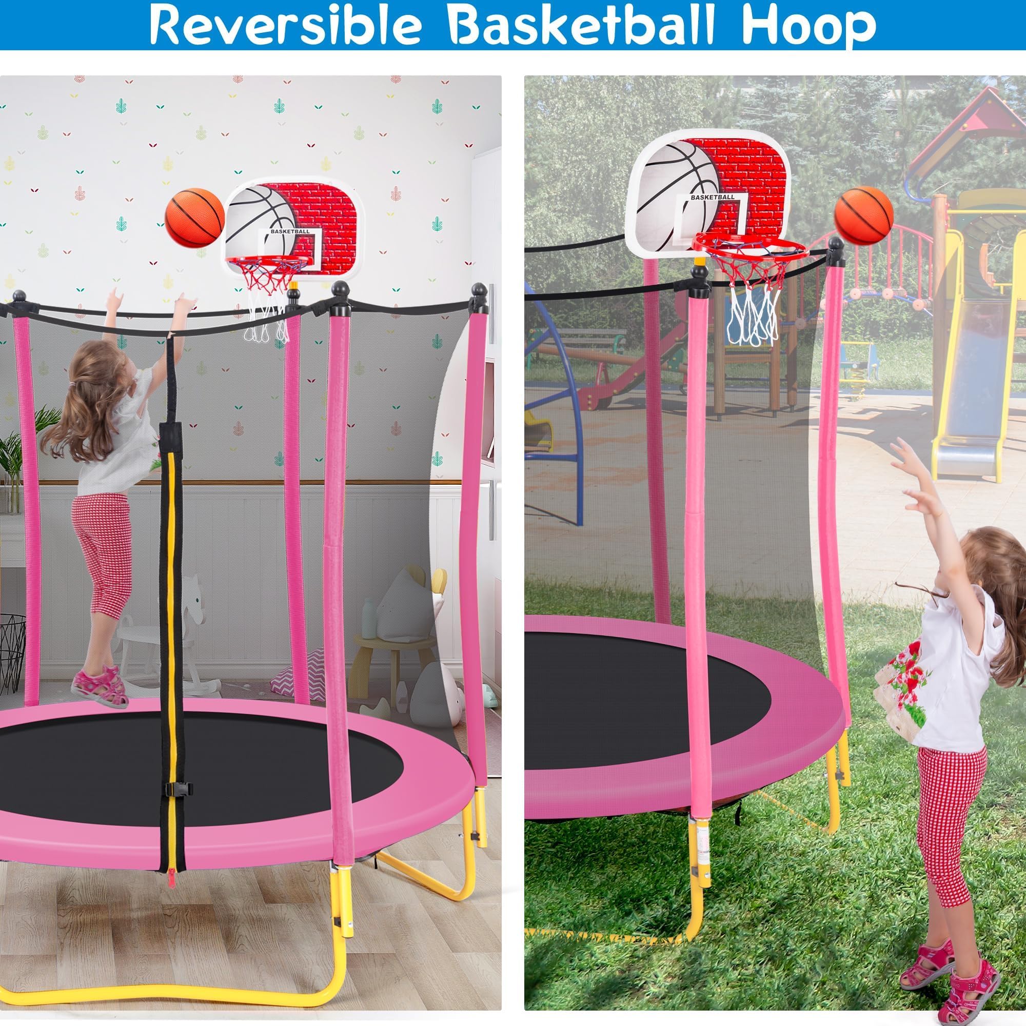 **Merax 66'' Kids Trampoline with Basketball Hoop, Rubber Ball & Safety Enclosure Net – 5.5FT Mini Trampoline for Toddlers (Ages 1-8) – Indoor & Outdoor Use – Perfect Birthday Gift for Active Play & Exercise**