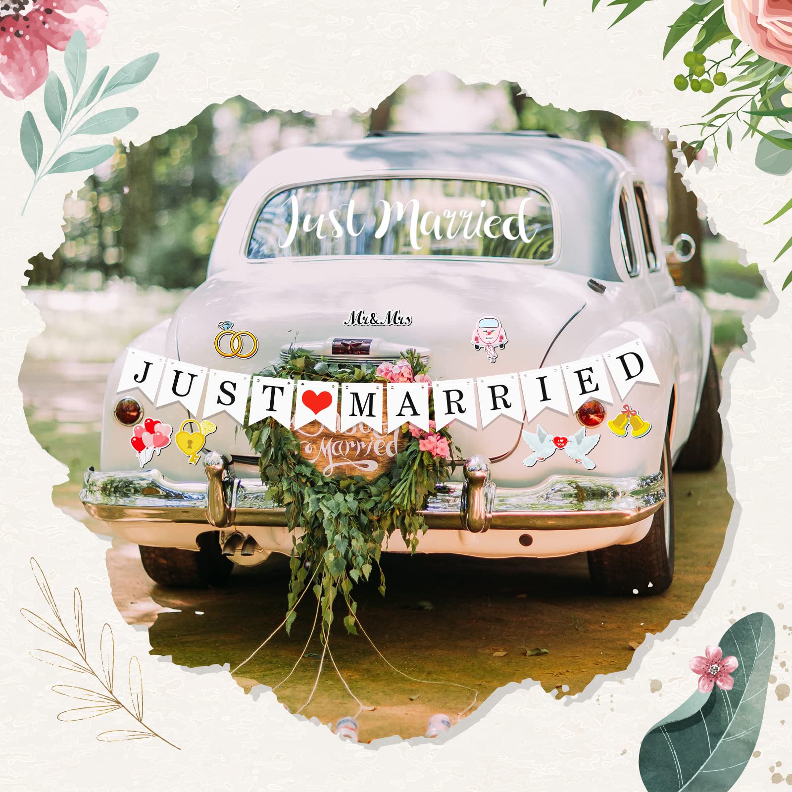 16 Pcs Just Married Car Decorations Kit - 14 Ornate Car Magnets, Window Decal & Cardstock Sign Banner | Wedding Decor for Cars, Bridal Shower & Honeymoon Photo Props | Perfect for Newlyweds' Getaway & Celebration