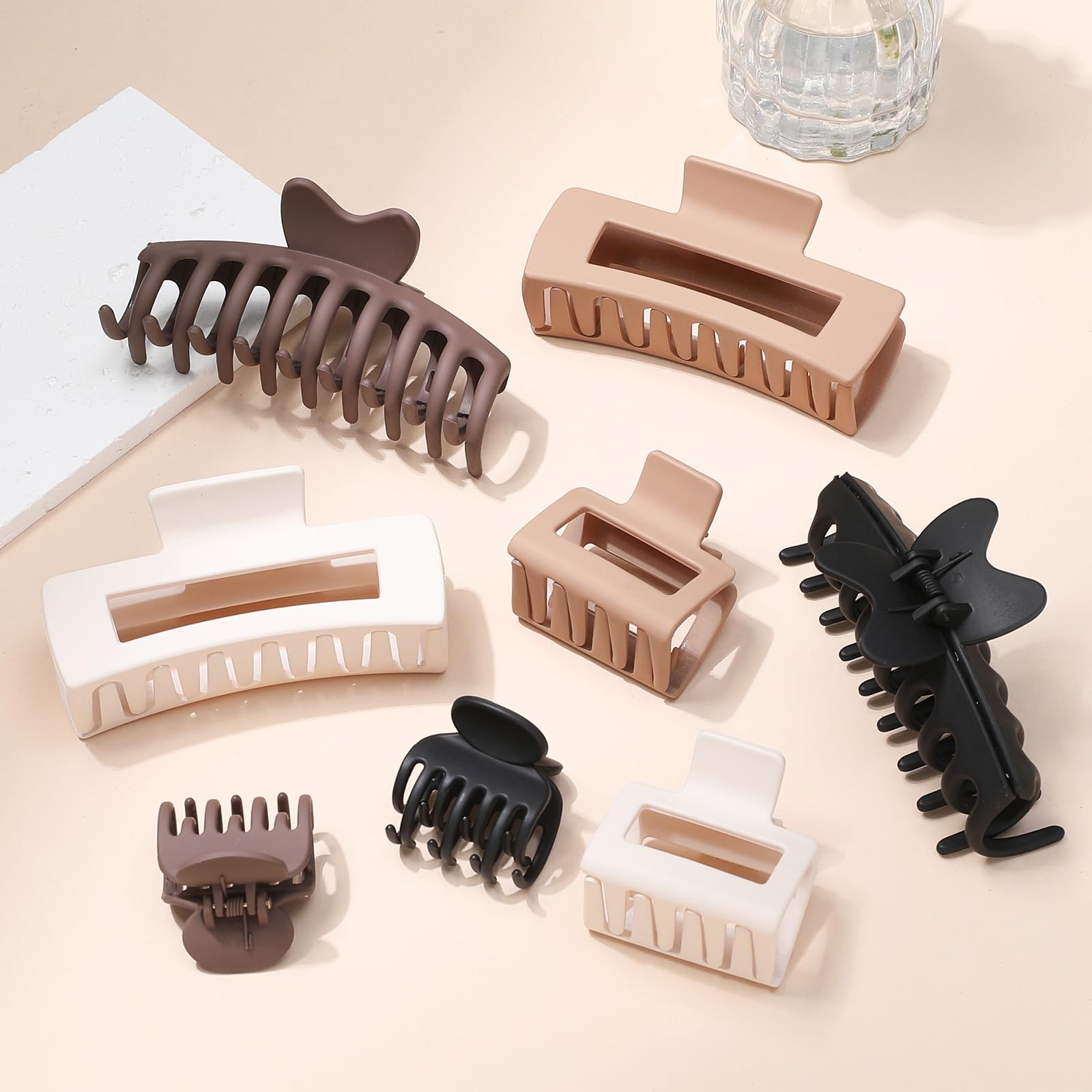 8 Pcs Hair Clips Set for Women & Girls - Large, Medium, Small Hair Accessories for Thick & Thin Hair - 4 Styles (Claw, Rectangle, Square, Butterfly) in Brown - Perfect for School, Work, Parties & Daily Styling