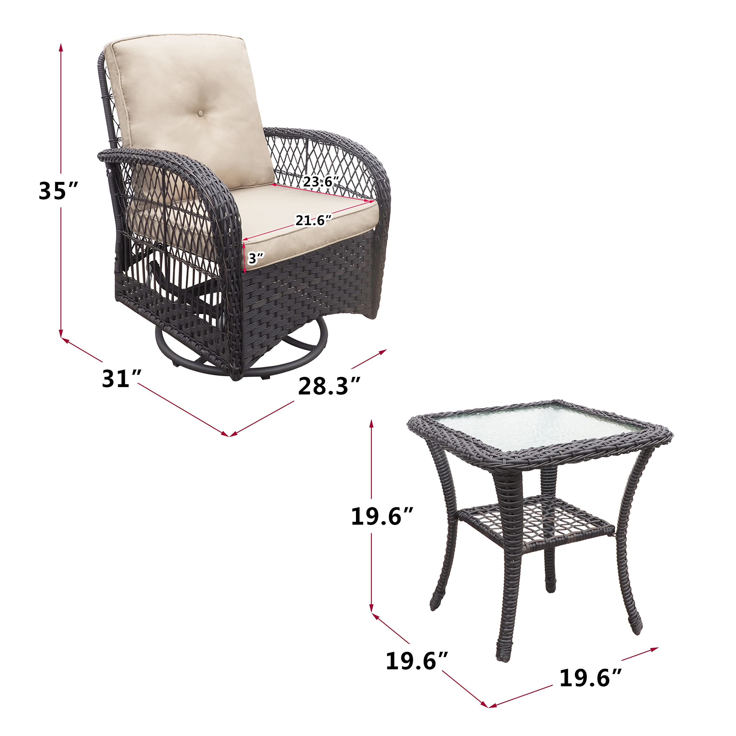 Premium 360° Swivel Wicker Rocker Patio Chairs Set of 3 with Coffee Table & Cushion - Indoor/Outdoor Rattan Bistro Furniture for Porch, Garden & Backyard Relaxation