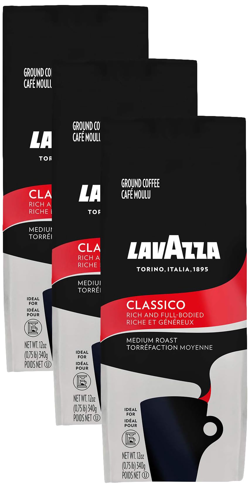 Lavazza Classico Medium Roast Ground Coffee Blend - 12 Oz (Pack of 3) | Rich & Aromatic Italian Coffee for Home, Office & Gifting | Perfect for Drip Coffee Makers, French Press & Espresso Machines