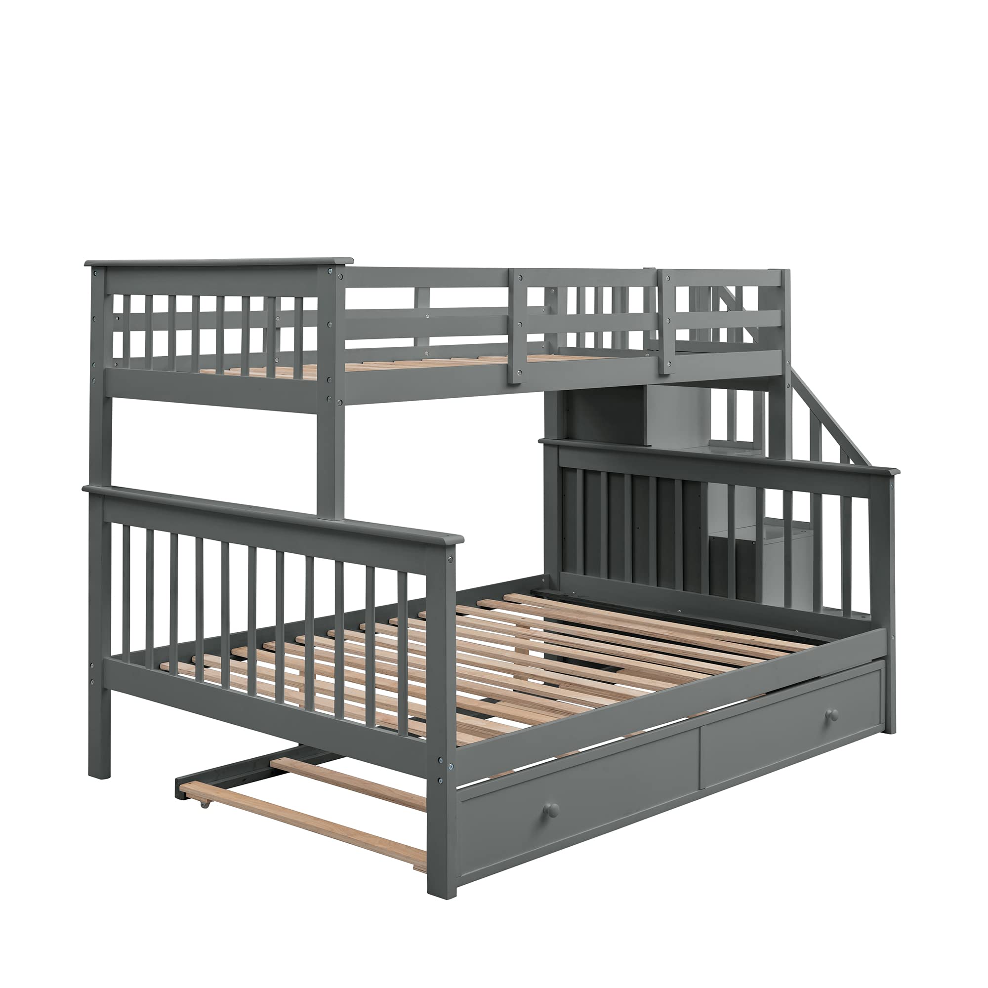 Harper & Bright Designs Twin Over Full Bunk Bed with Trundle & Storage - Wooden Bunk Bed Frame with Stairs for Kids, Teens & Adults - Space-Saving Grey Bedroom Furniture for Small Rooms, Guest Rooms & Vacation Homes