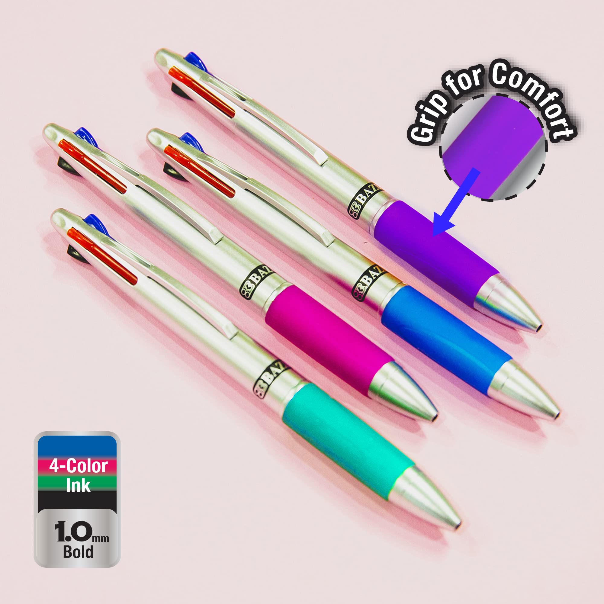 BAZIC 144-Pack Retractable Ballpoint Pens, 1.0mm Bold Point Multicolor Pens with Soft Barrel Grip for Smooth Writing - Ideal for Teachers, Students & Office Use (2 Pens per Pack)