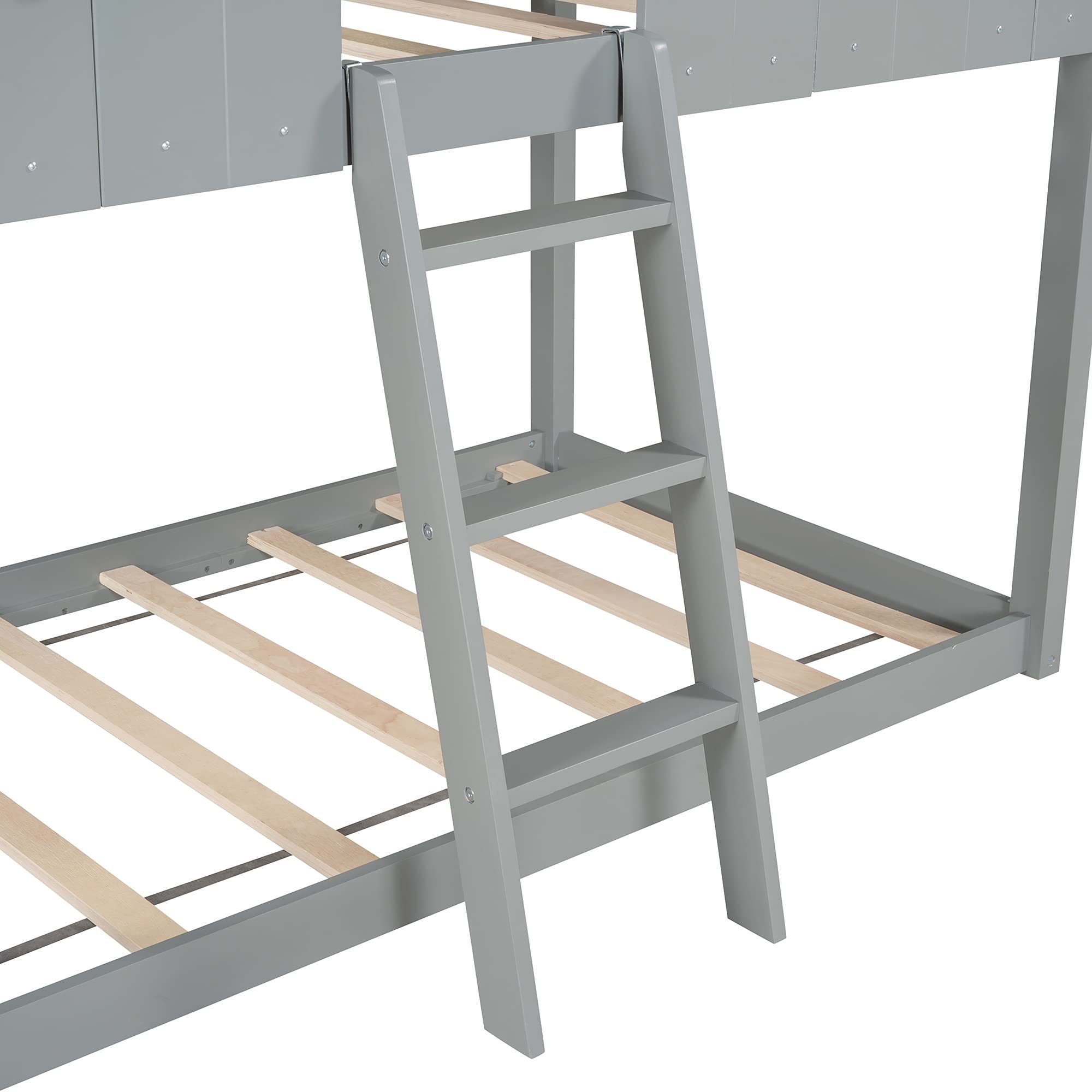LZ LEISURE ZONE Twin Over Twin Wood Bunk Bed Frame with Roof, Window, Guardrail & Ladder - Dark Grey | Space-Saving Kids Bedroom Furniture for Small Rooms, Sleepovers & Shared Sibling Rooms
