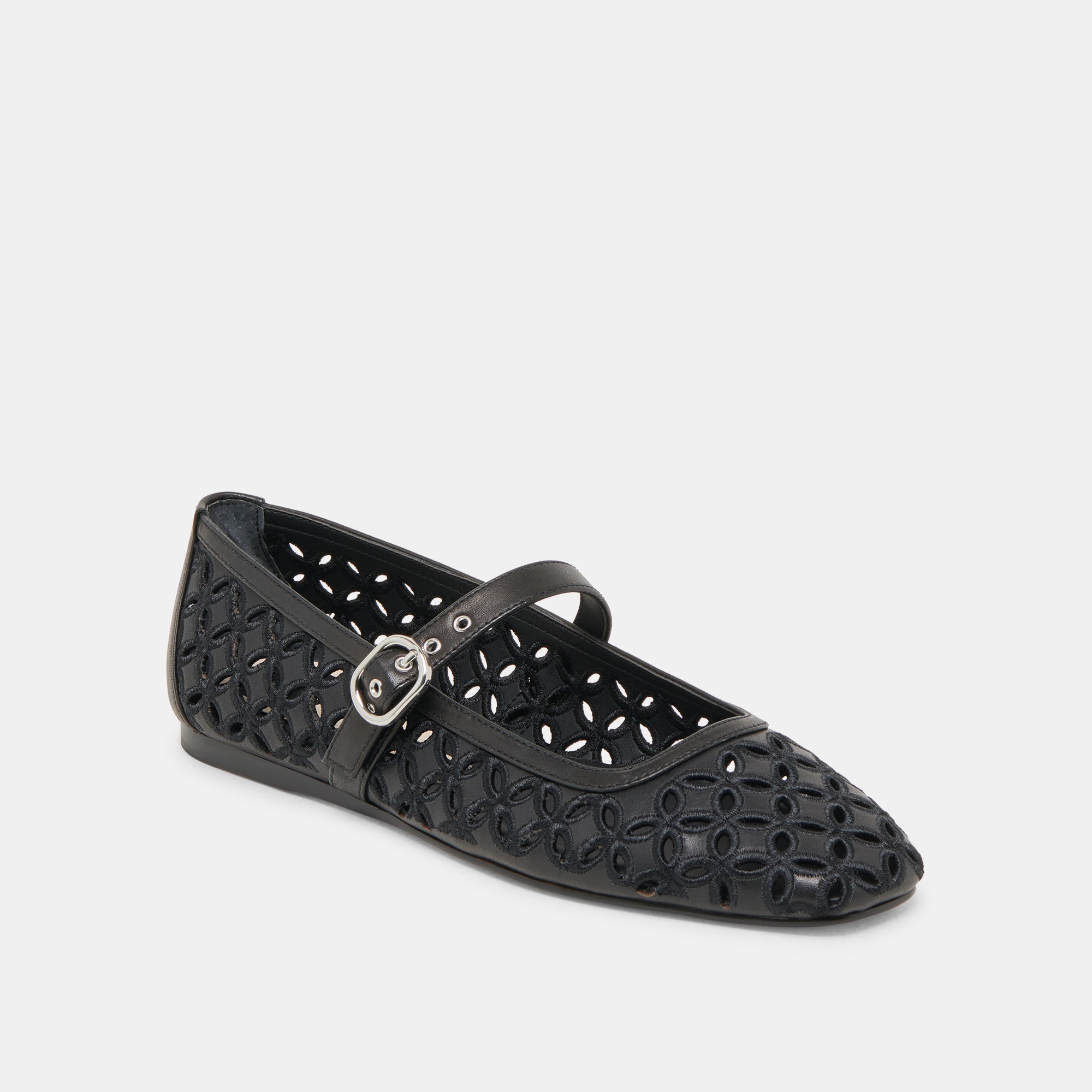 RODNI Black Leather Ballet Flats with Eyelet Perforations - Comfortable Women's Shoes for Work, Casual Wear & Dance