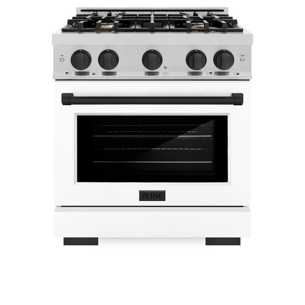ZLINE Autograph Edition 30-inch 4.2 cu. ft. Stainless Steel Gas Range with 4-Burner Cooktop & Convection Oven - White Matte Door & Black Accents (HGRZ WM 30 MB) for Professional Home Kitchens & Modern Cooking