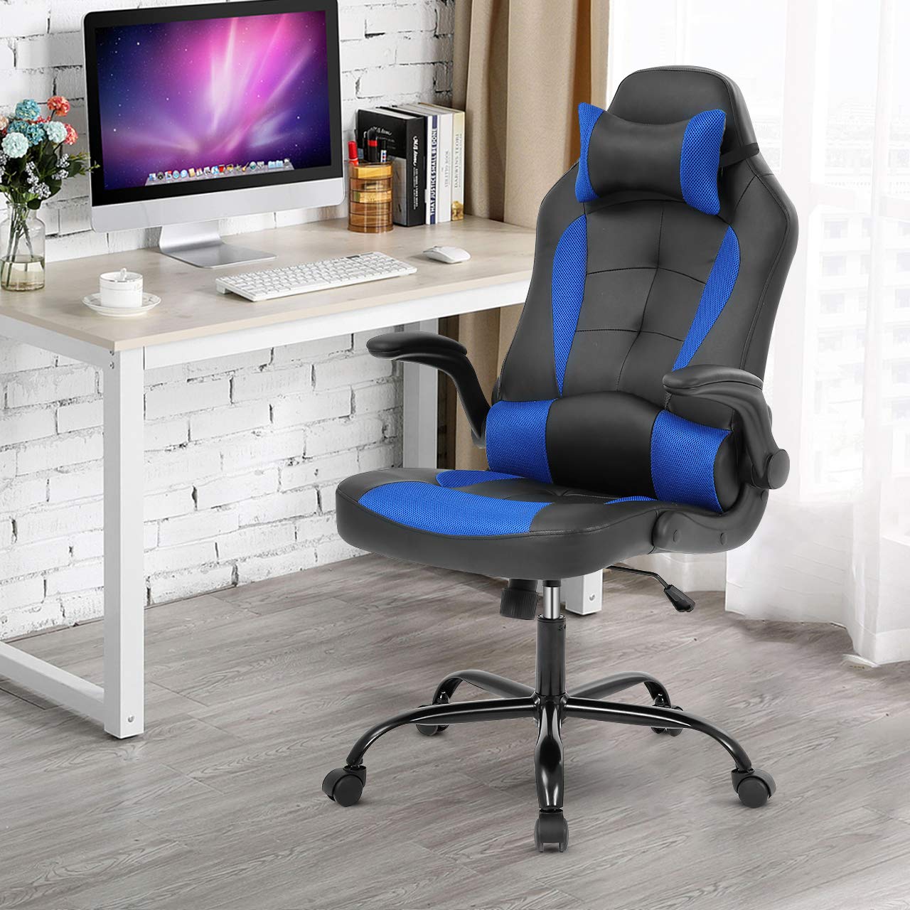 Ergonomic Gaming Chair - Adjustable Office Desk Chair with Lumbar Support & Headrest - Modern Executive Leather Computer Chair - Swivel Rolling Task Chair for Home Office (Blue) - Perfect for Long Gaming Sessions & Remote Work