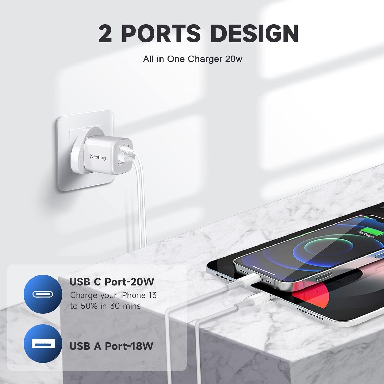 20W USB C Fast Charger Plug - Dual Port PD & QC 3.0 Wall Charger for iPhone 15/14/13/12/11/XS/XR/X/8, iPad Pro - Compact Travel Charger for Home, Office & Car Use
