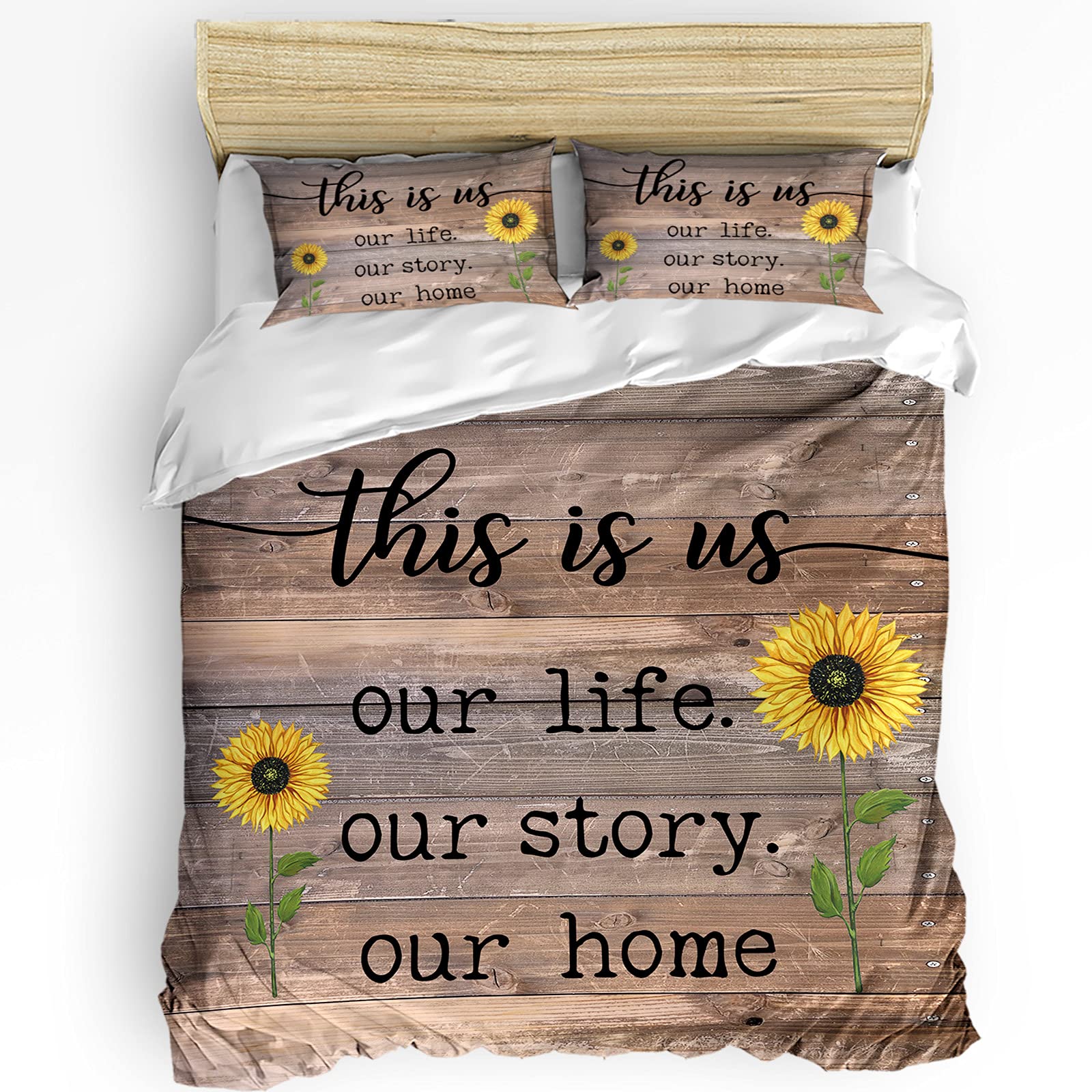 Luxury 3-Piece California King Duvet Cover Set - Farmhouse Brown Wood Grain & Sunflower Design, Soft Breathable Microfiber Bedding for Kids, Teens & Adults | Perfect for Summer Bedrooms, Guest Rooms & Cozy Farmhouse Decor