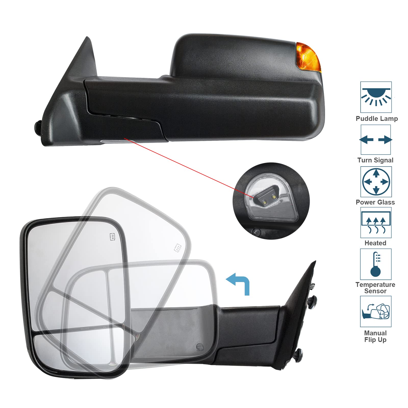 Heated Power-Folding Towing Mirrors with LED Turn Signals & Puddle Lamps for 2009-2018 Dodge Ram 1500/2500/3500 Pickup Trucks - Defrost & Temperature Sensor - Perfect for Towing, Off-Roading & Night Driving