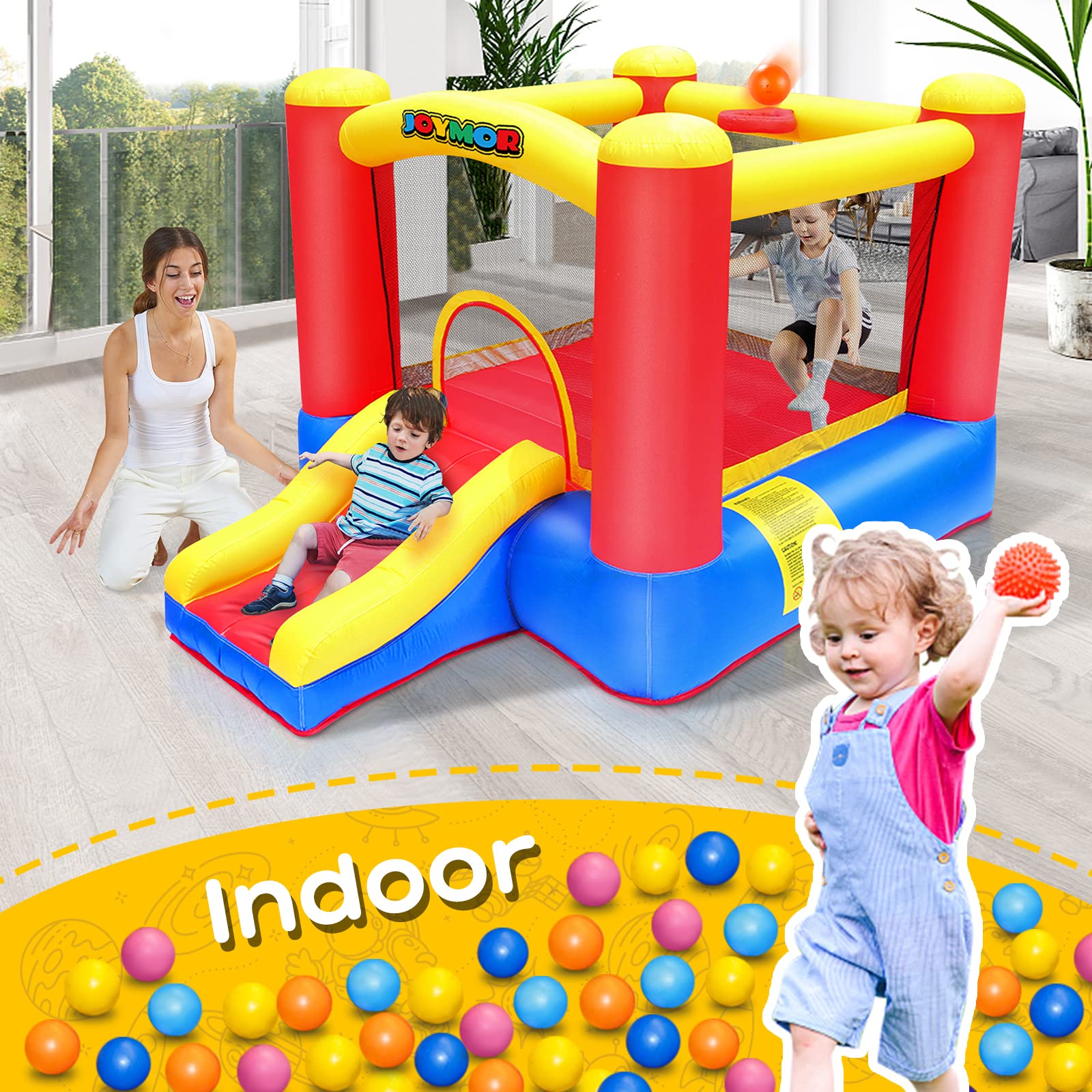 JOYMOR Inflatable Bounce House for Kids Ages 3-6 - Indoor Playhouse with Air Blower, Basketball Hoop & Slide - Perfect for Toddlers 1-3, Birthday Parties, Backyard Fun & Indoor Playtime