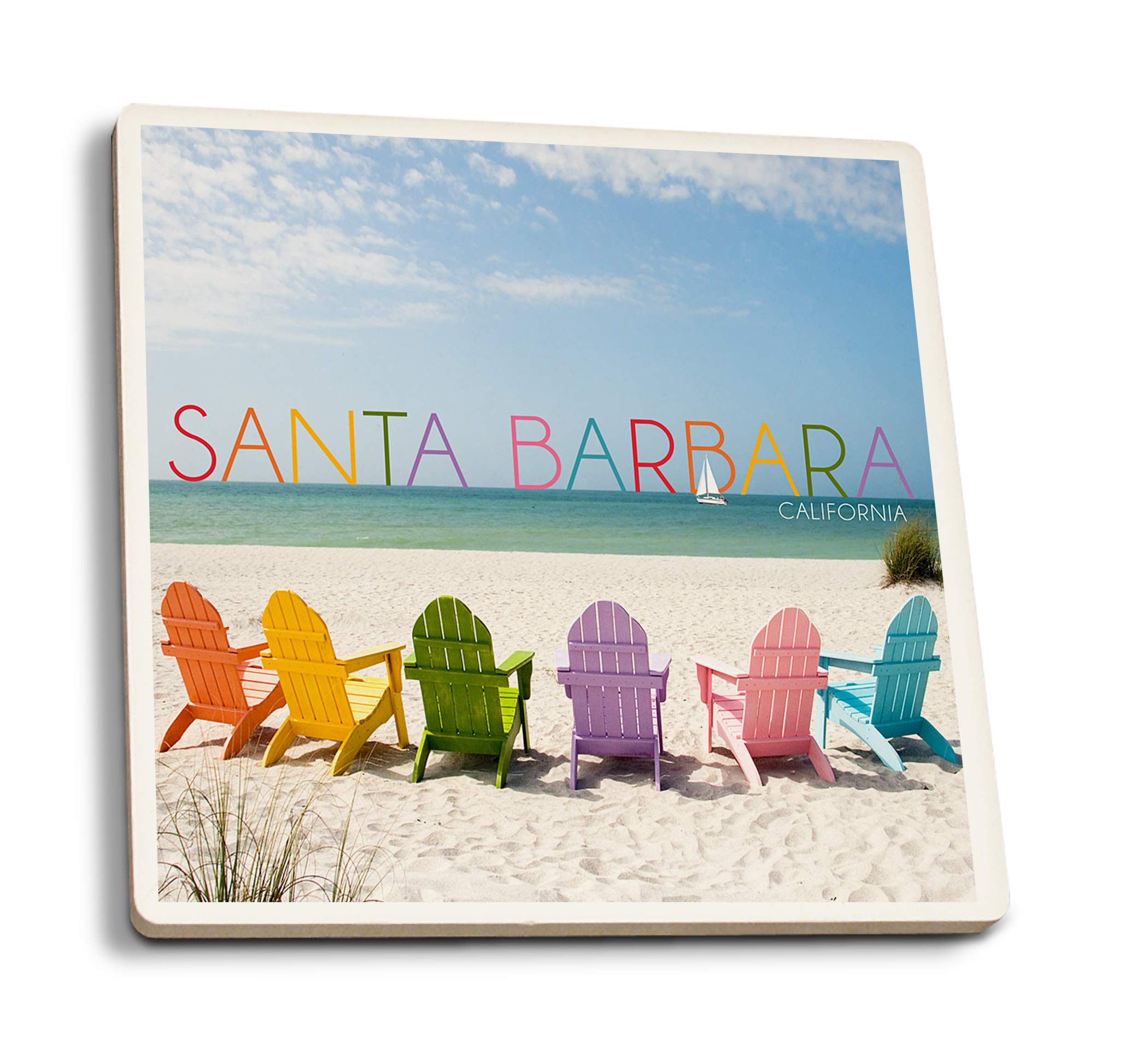Santa Barbara California Beach Chairs Ceramic Coasters Set of 4 - Absorbent Cork Backed Coasters for Drinks, Colorful Coastal Decor for Kitchen, Dining Table, or Outdoor Patio Use