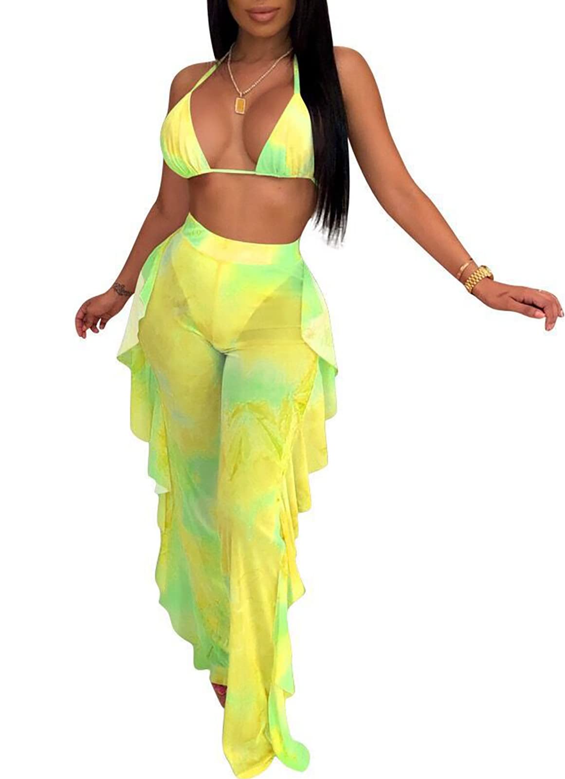 Sexy Women's Bikini Set - Ruffle Beach Jumpsuit with See Through Mesh & Tie Dye Design | Perfect for Pool Party, Summer Vacation & Beach Getaway