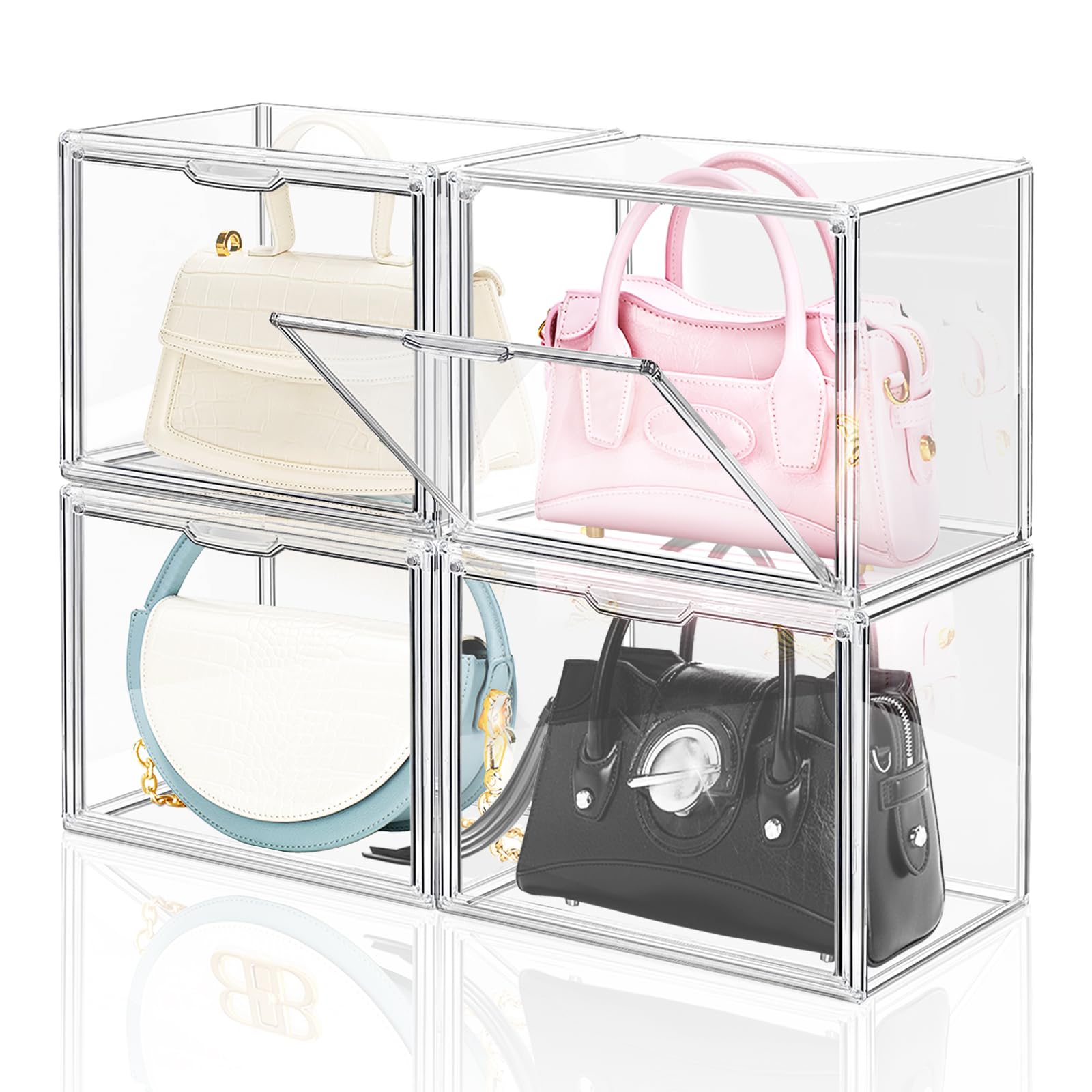DILIBRA 4-Pack Clear Plastic Handbag Storage Organizers - Stackable Acrylic Display Box with Magnetic Door for Purse, Clutch, Wallet, Book & Hat Organization | Perfect for Closet, Bedroom & Retail Store Display