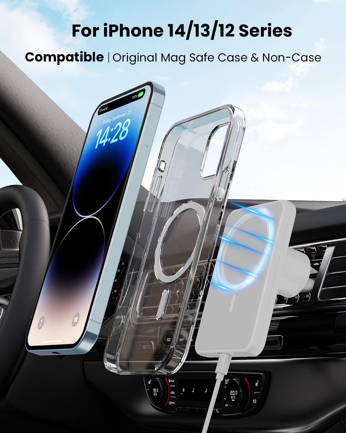 JoyGeek Magnetic Wireless Car Charger - 18W Fast Charging MagSafe-Compatible Car Mount for iPhone 14/13/12 Series - Air Vent Phone Holder with Secure Grip (Snowy White) - Perfect for Commuting, Road Trips & Hands-Free Driving
