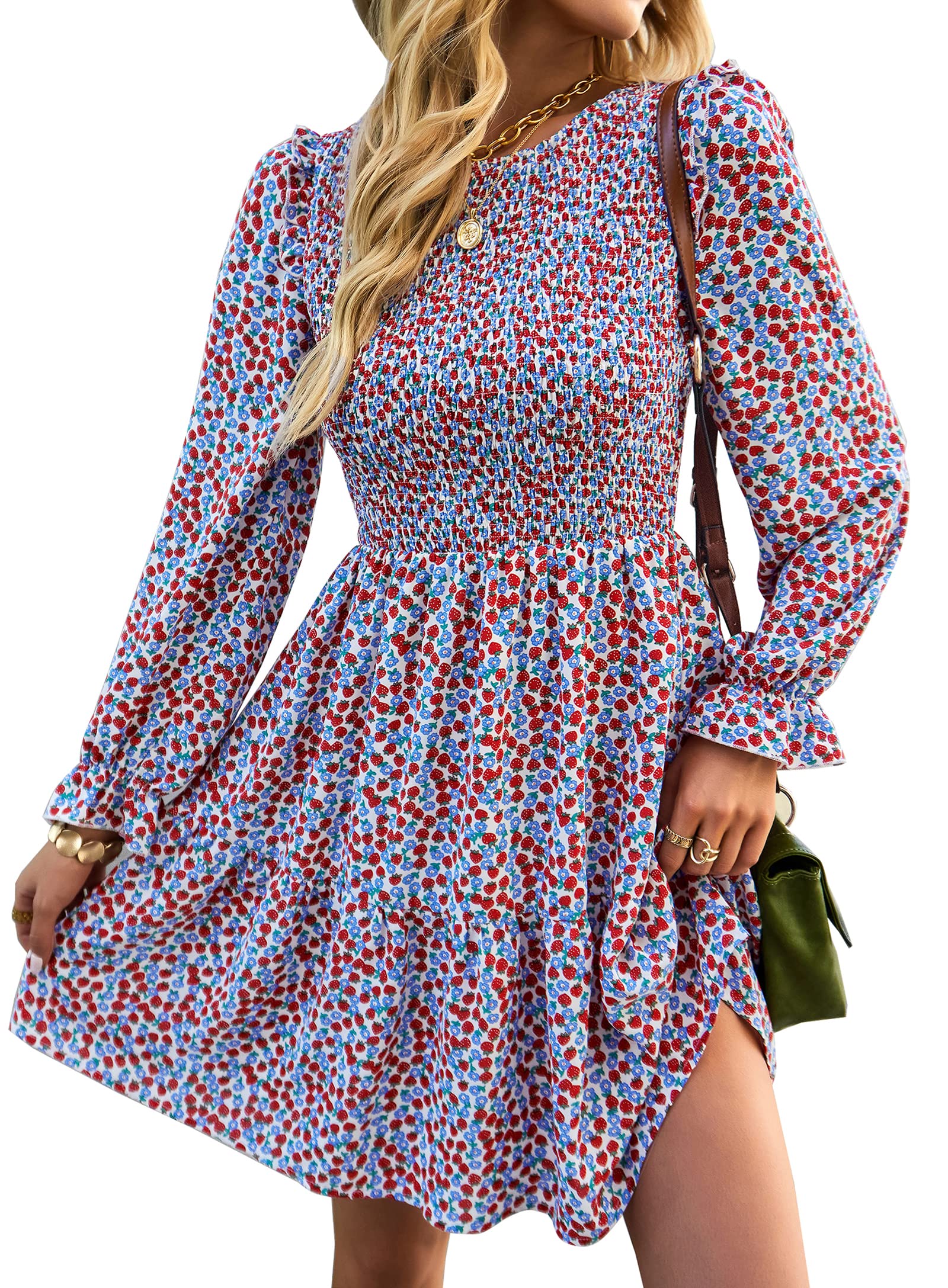 KIRUNDO Women's Floral Smocked Long Sleeve Ruffle Mini Dress - A-Line Spring & Summer Party Dress 2025 | Perfect for Garden Parties, Date Nights & Special Occasions