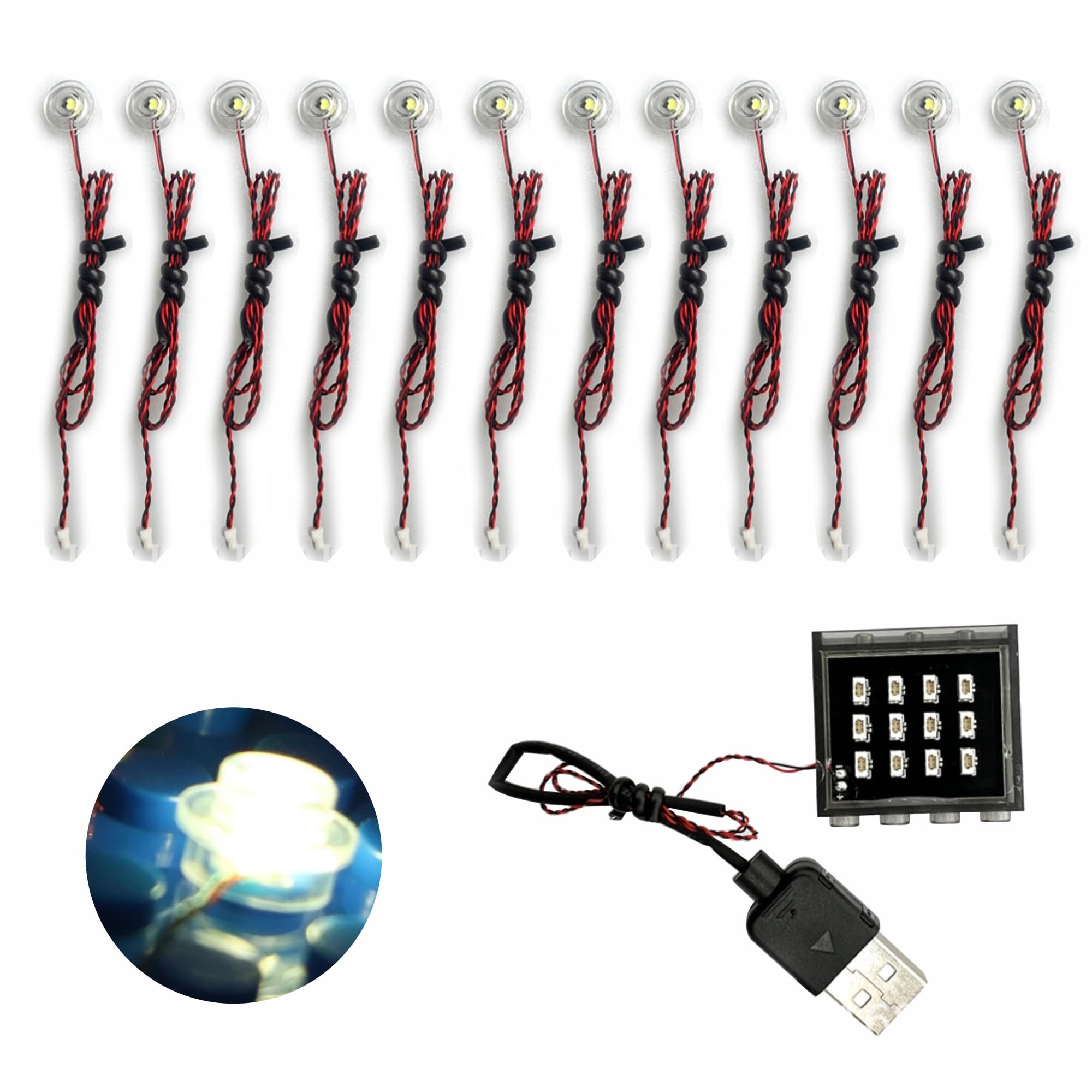 12-Piece 1x1 LED Dot Lighting Kit with Round Lids & USB Power Hub (5V) - Compatible with Lego Bricks for Model Lighting (White) - Perfect for DIY Lego Projects, Home Decor, and Creative Light Displays