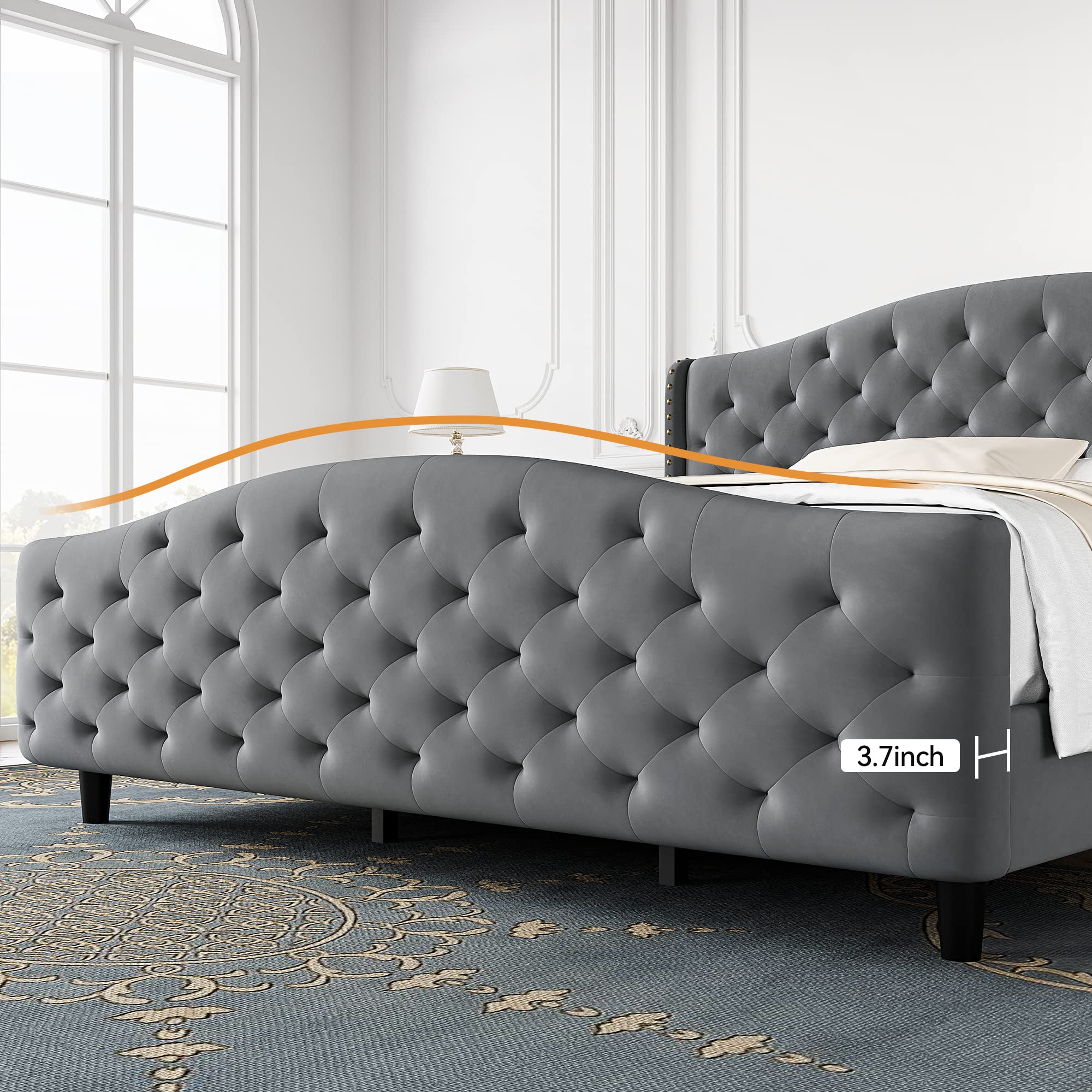 Alkmaar King Size Bed Frame with Upholstered Headboard & Footboard - Velvet Tufted Platform Bed, No Box Spring Required, Easy Assembly, Grey - Perfect for Master Bedroom, Guest Room & Modern Home Decor
