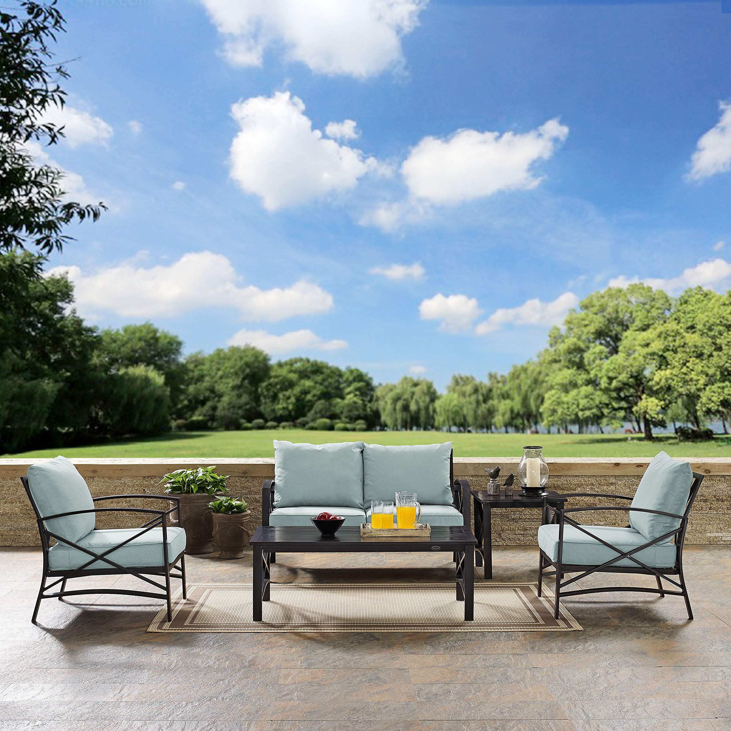 Crosley Kaplan 5-Piece Outdoor Loveseat Patio Set - Oiled Bronze Frame with Mist Cushions, Weather-Resistant Conversation Furniture for Porch, Deck, Backyard & Garden Relaxation