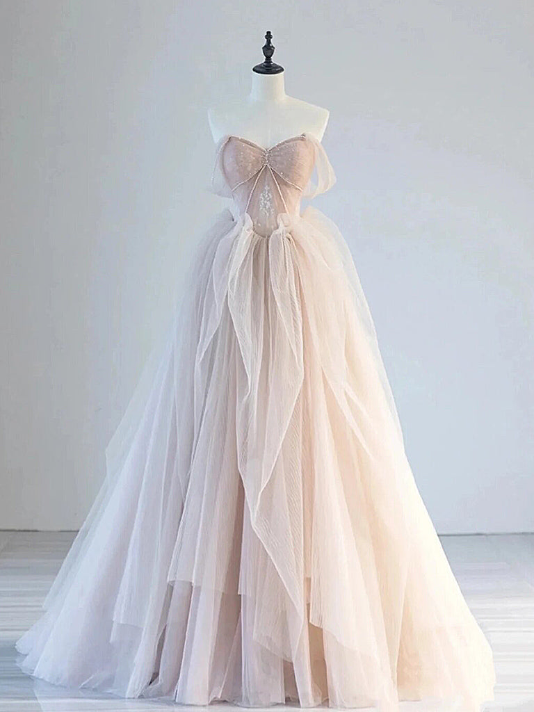 Elegant Off-Shoulder A-Line Tulle Lace Prom Dress in Champagne Pink - Long Formal Gown for Homecoming, Wedding, and Special Occasions