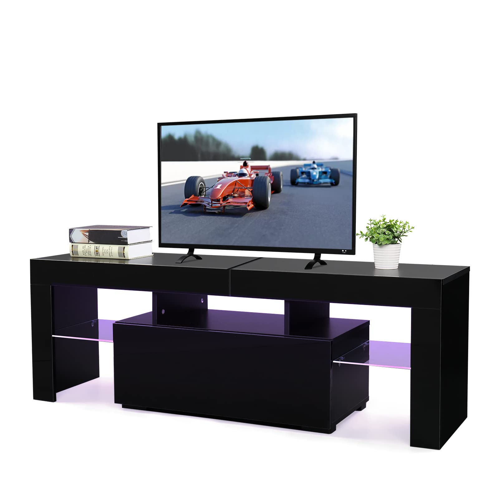 VINGLI 51 Inch Modern TV Stand with Purple LED Lights - Entertainment Center with Storage for Living Room & Bedroom - Perfect for 55-65 Inch TVs, Gaming Consoles & Home Theater Setup