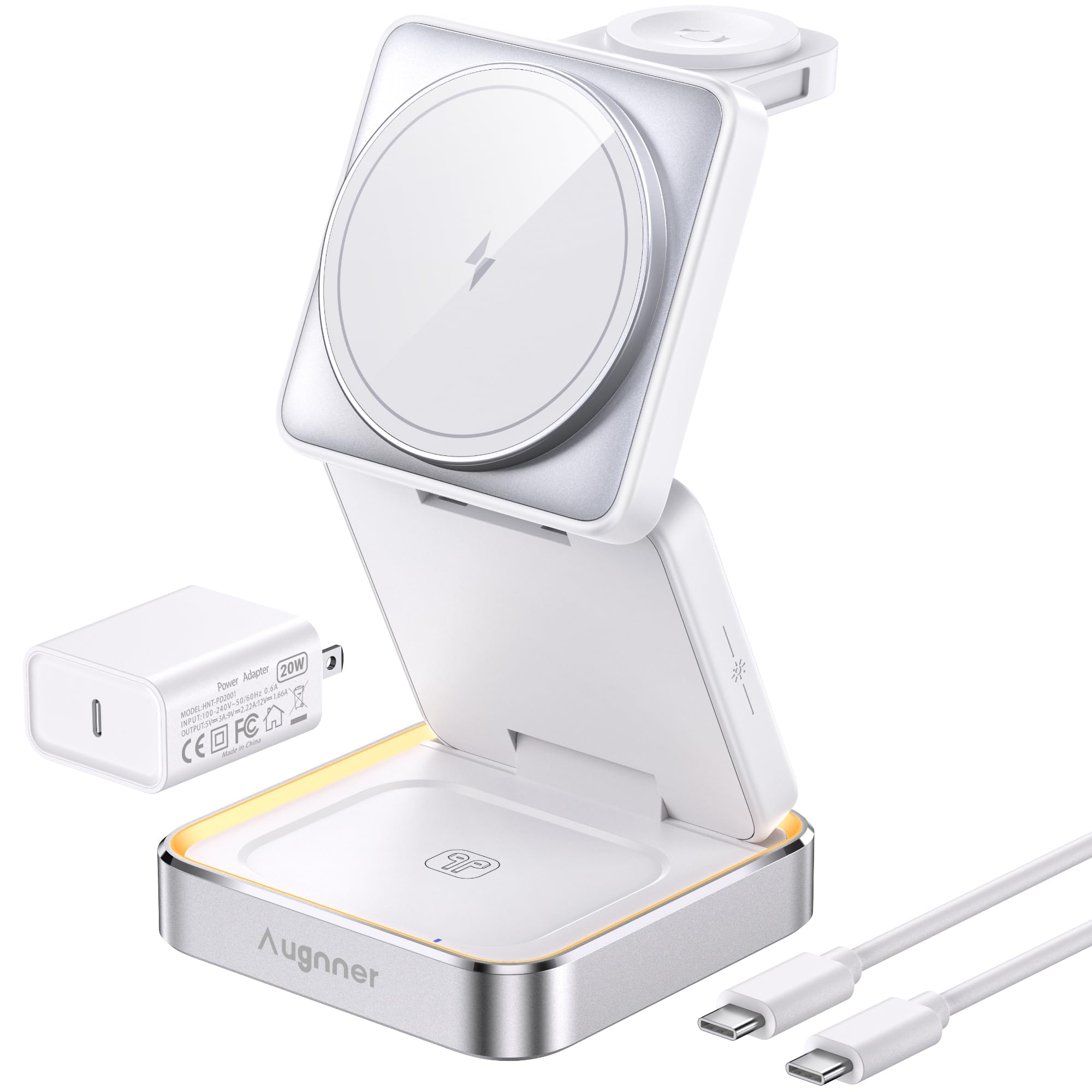 2025 Upgraded 3-in-1 Foldable Wireless Charging Station with LED Light - Fast Magnetic Charger for iPhone 16/15/14/13/12, Apple Watch & AirPods (Includes 20W Adapter) | Perfect for Home, Office & Travel Charging Solution