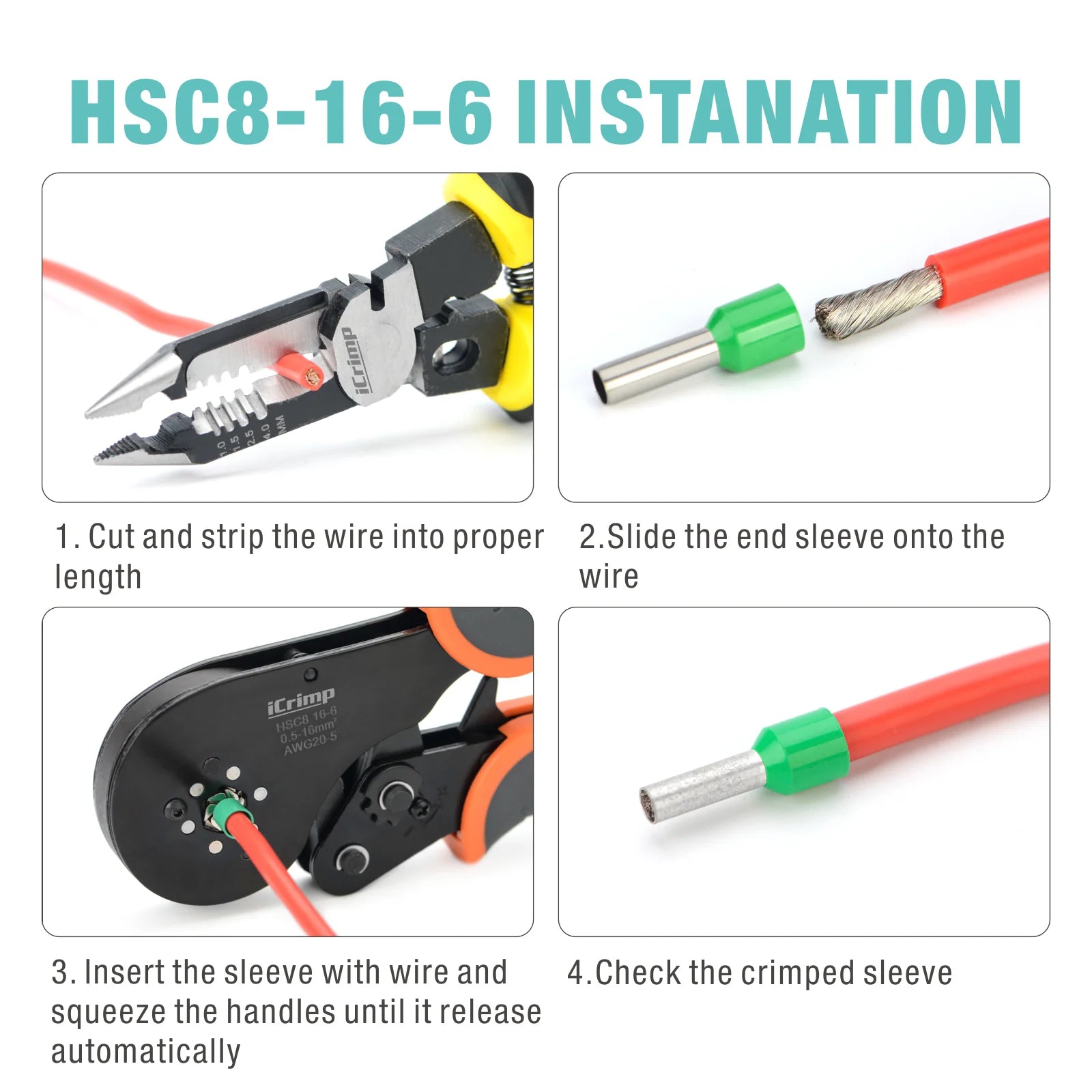 HSC8 16 6 Self-Adjusting Ferrule Crimper Tool for AWG20-5 Bootlace Ferrules - Perfect for Electrical Wiring, DIY Projects, and Professional Cable Termination