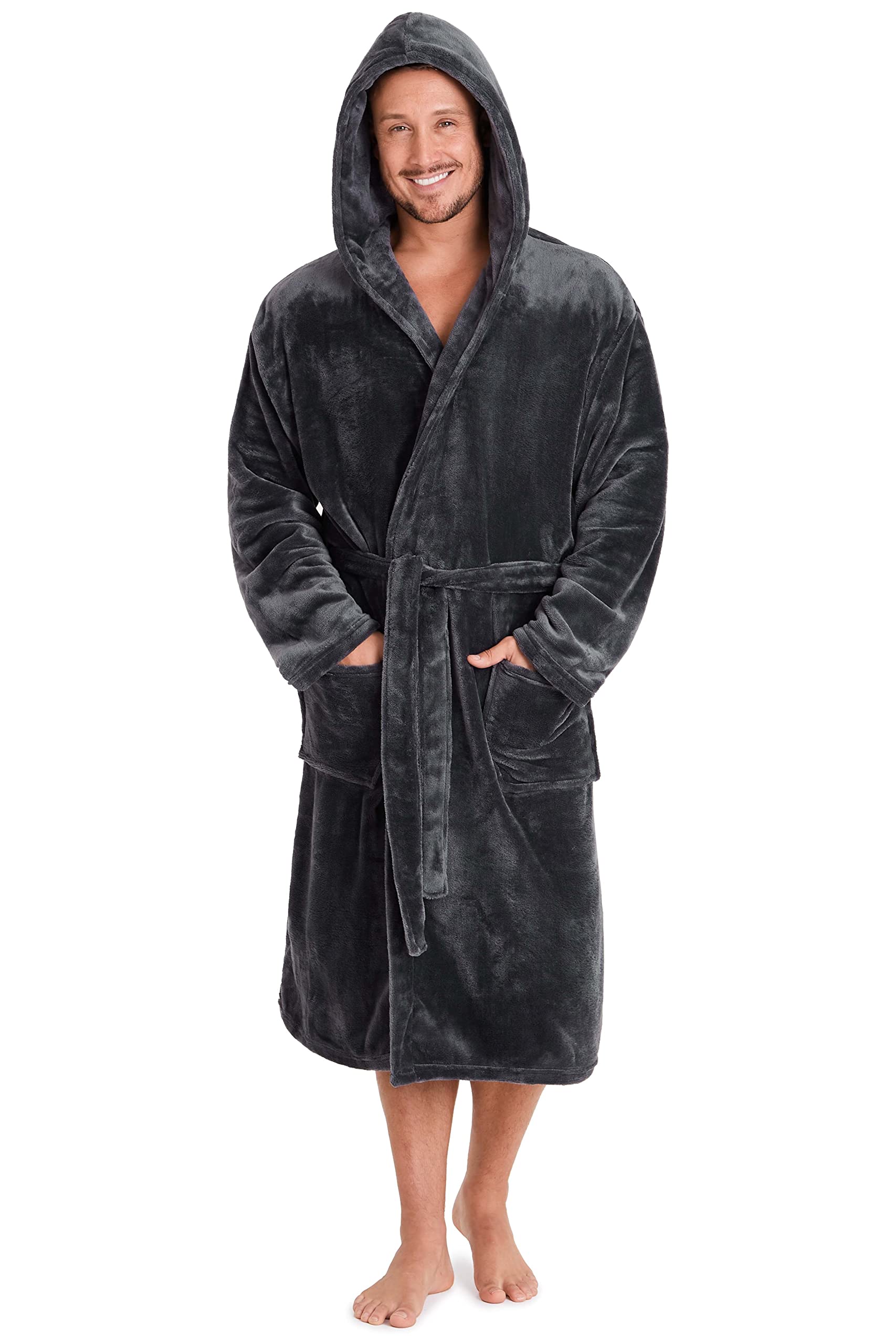 Men's Fleece Robe with Hood - Super Soft & Cozy Bathrobe for Lounge, Spa & Winter Wear - Warm Hooded Dressing Gown for Relaxation at Home