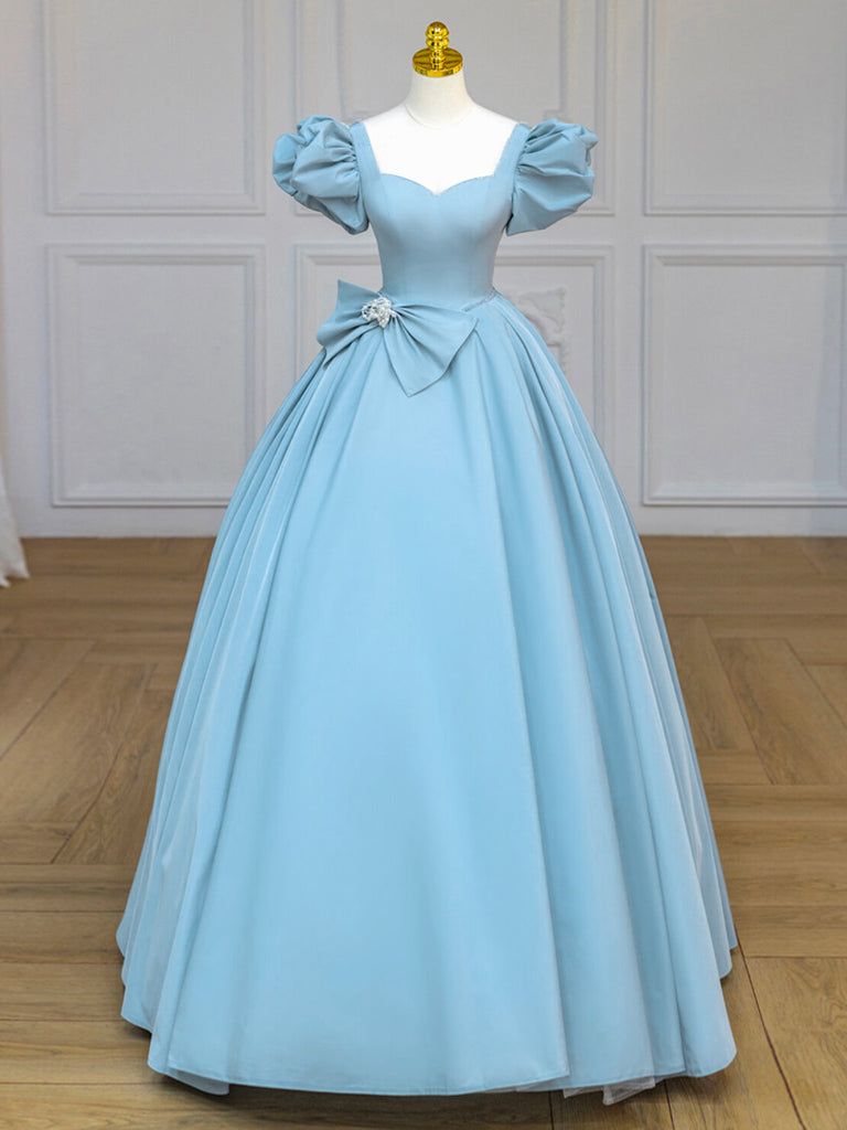Elegant Blue Satin Puff Sleeve Long Prom Dress - Sweet 16 Formal Gown for Homecoming, Quinceañera & Special Occasions