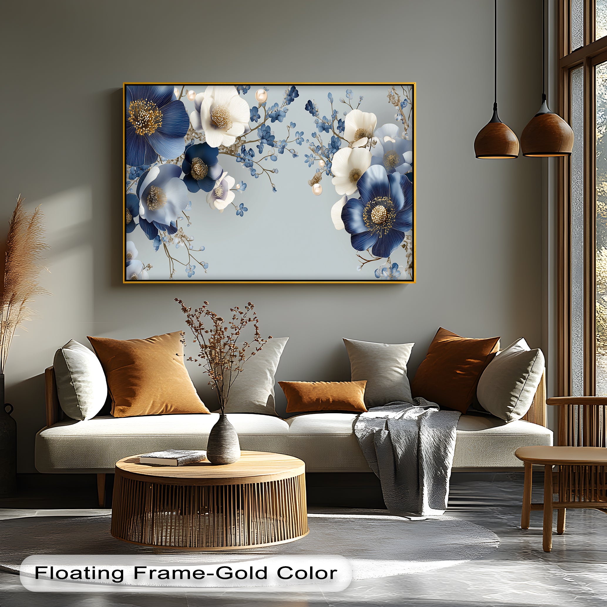 Blue and Ivory Floral Fantasy with Pearls Canvas Wall Art - Elegant Home Decor for Living Room, Bedroom & Office