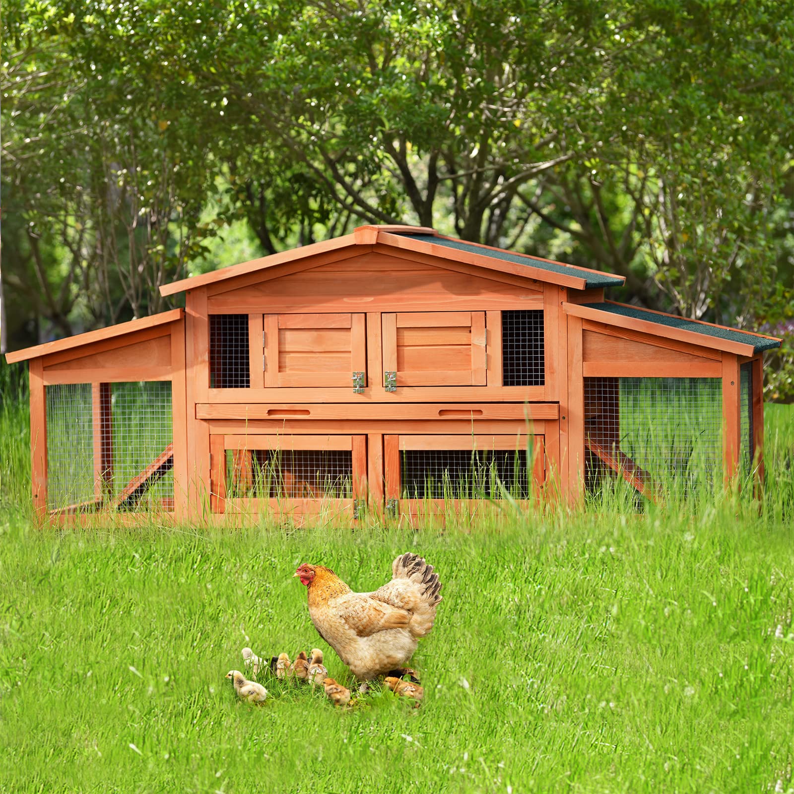 71'' Wooden Rabbit Hutch with 2 Run Play Area, Removable Sliding Tray & Non-Slip Ladder Ramp - Bunny Cage, Chicken Coop for Small Animals - Perfect for Garden, Backyard & Indoor Pet Housing (Orange)