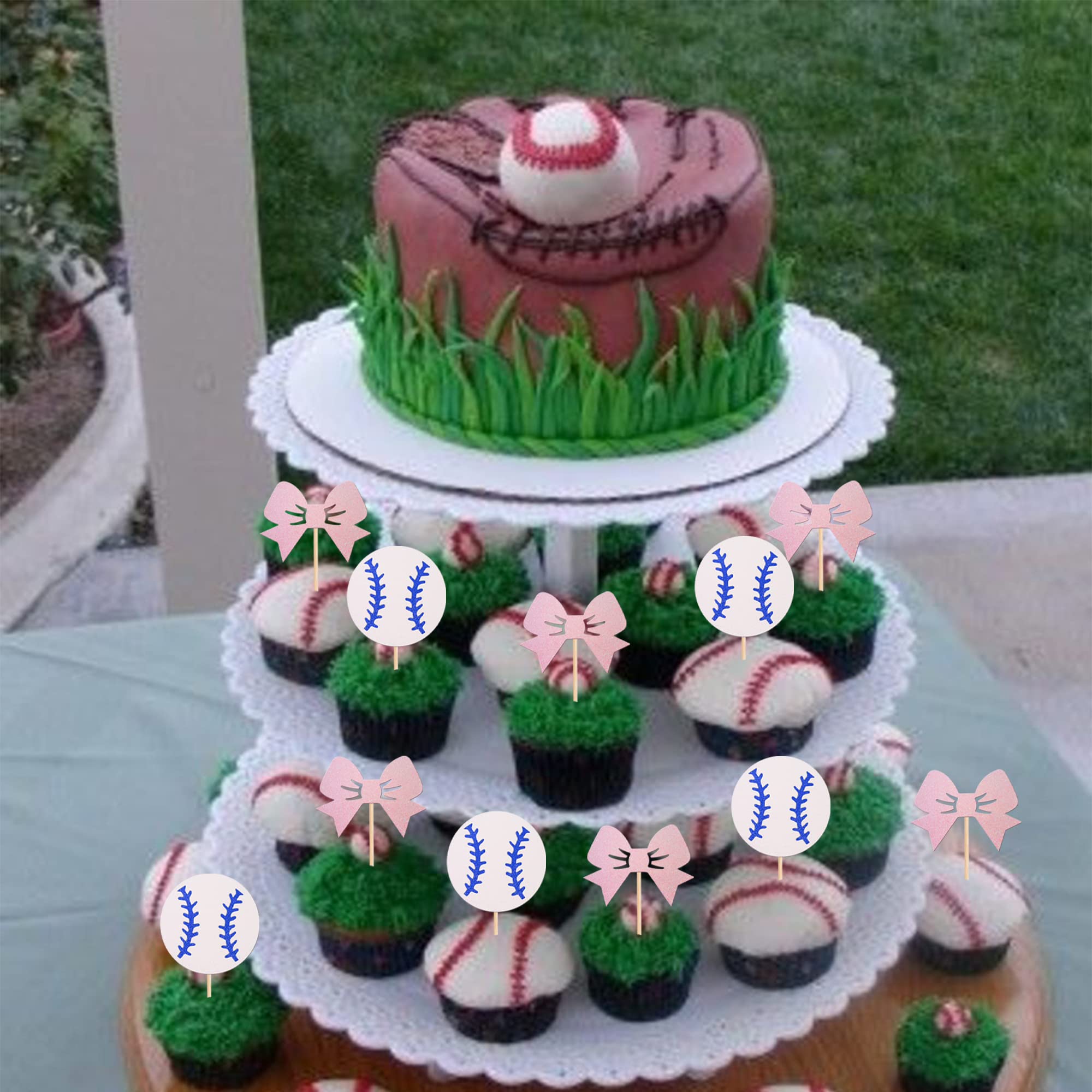 24 PCS Glitter Baseball & Bow Cupcake Toppers - Gender Reveal Party Supplies for Baby Shower, Birthday Cake Decorations (Boy or Girl Theme) - Perfect for Gender Reveal Parties, Baby Showers & Birthday Celebrations