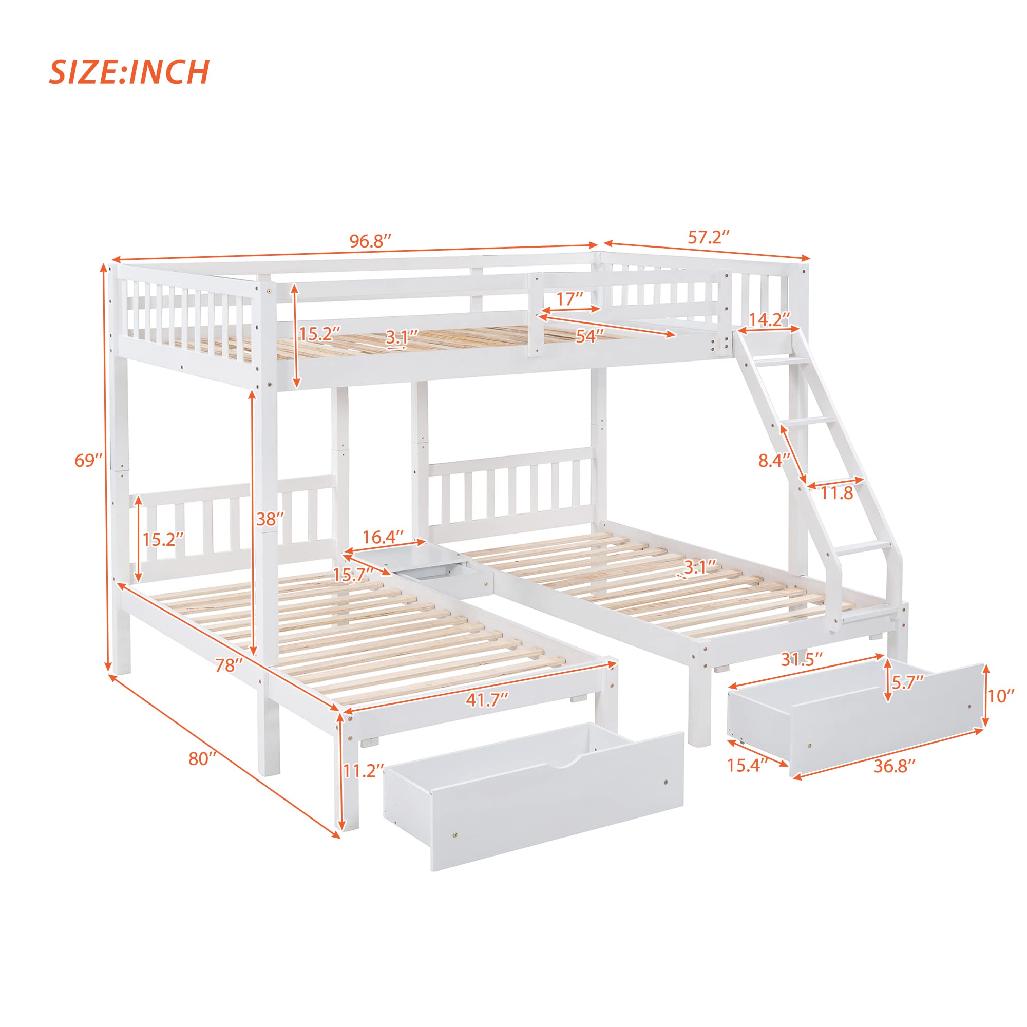 Wood Triple Bunk Bed with 3 Drawers & Guardrails - Full Over 2 Twin Bunk Bed for Family & Teens - No Box Spring Needed - Space Saving Kids Bedroom Furniture for Small Rooms & Vacation Homes