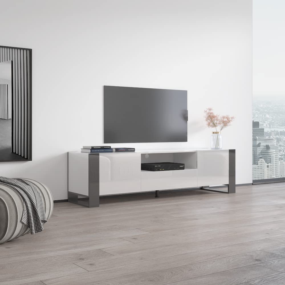 Modern Woody Freestanding TV Stand with Storage Cabinets - 75 Inch Media Entertainment Center Console Table - White/Gray TV Stand for Living Room, Bedroom & Home Theater
