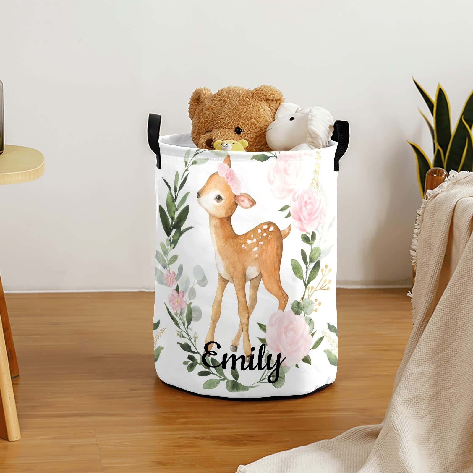 Personalized Pink Deer Floral Laundry Hamper - Waterproof Collapsible Drawstring Storage Basket with Handle for Clothes & Toys (50x36cm) | Perfect for Bedroom, Nursery, Dorm & Laundry Room Organization