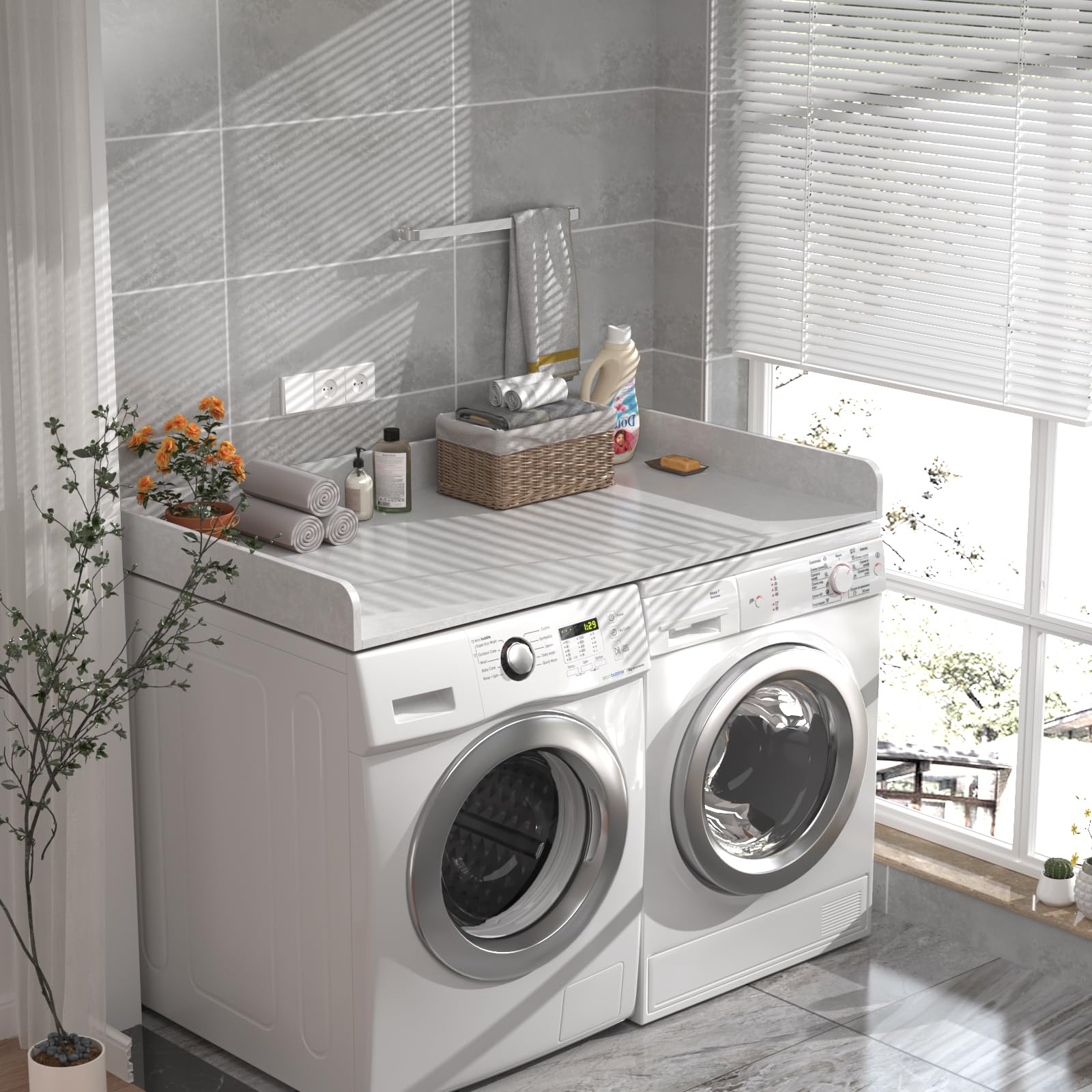 Premium White Marble Countertop Washer Dryer Stand - 54
