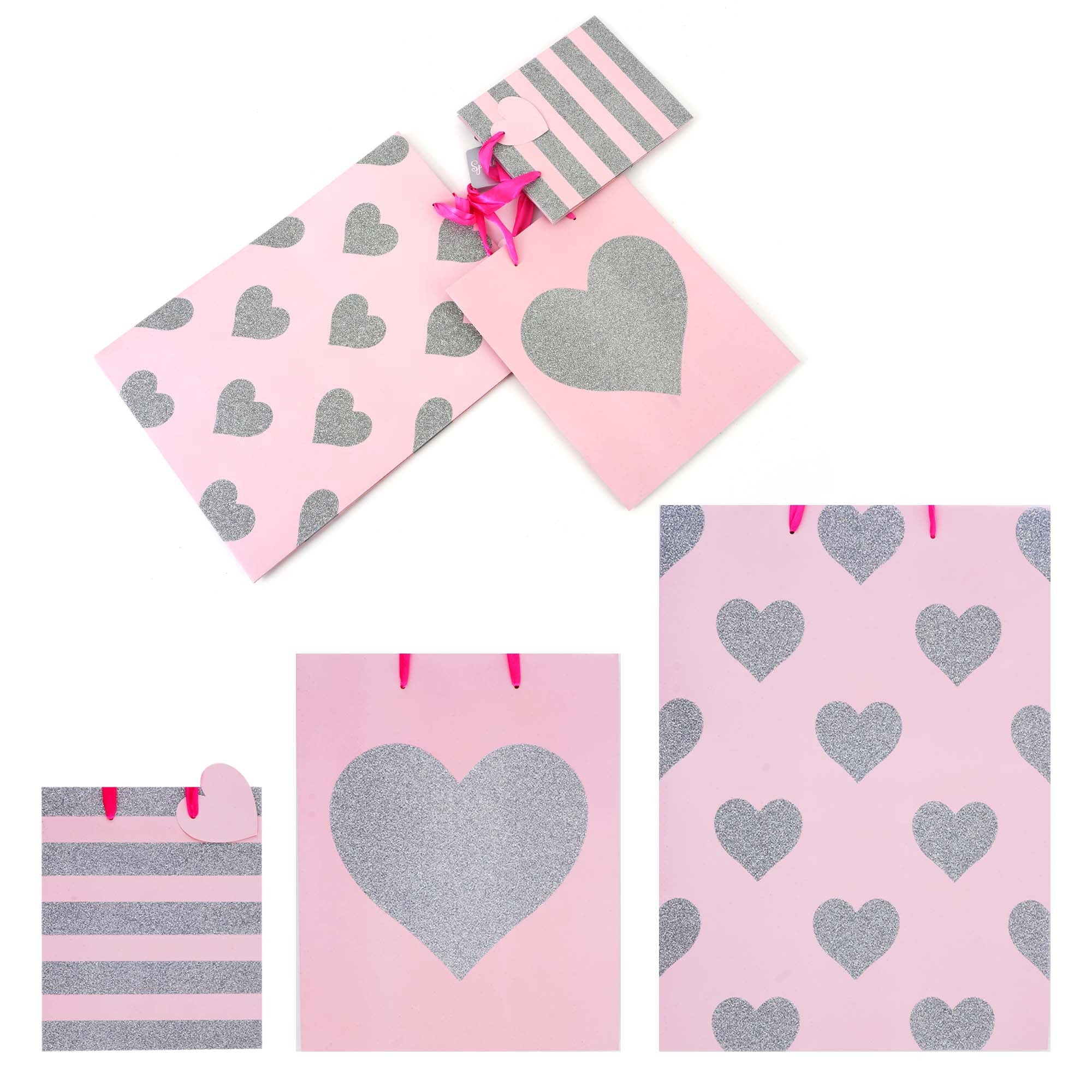 3 Pack Multi-Size (M/L/E) Glitter Heart Stripe Glossy Gift Bags - 3 Assorted Designs for Birthday, Wedding & Party Favors