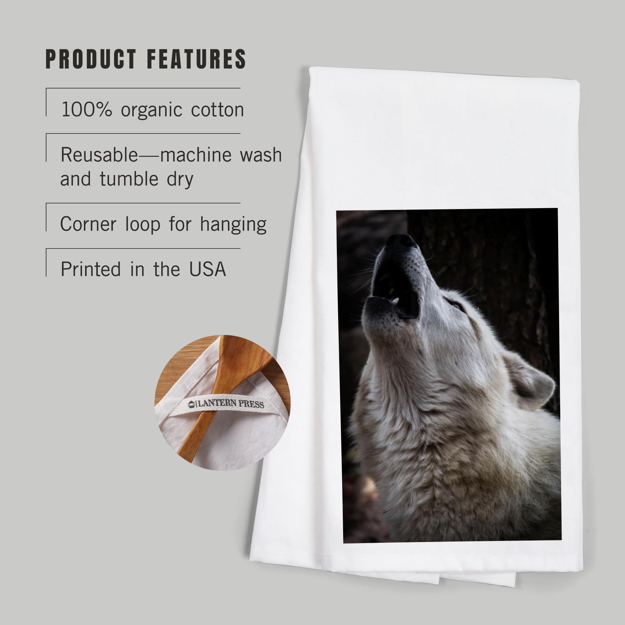 Lantern Press Wolf Howling - 100% Cotton Tea Towel & Decorative Hand Towel for Kitchen, Home Decor, Cabin, Camping - Perfect for Drying Dishes, Wall Art, or Outdoor Adventures