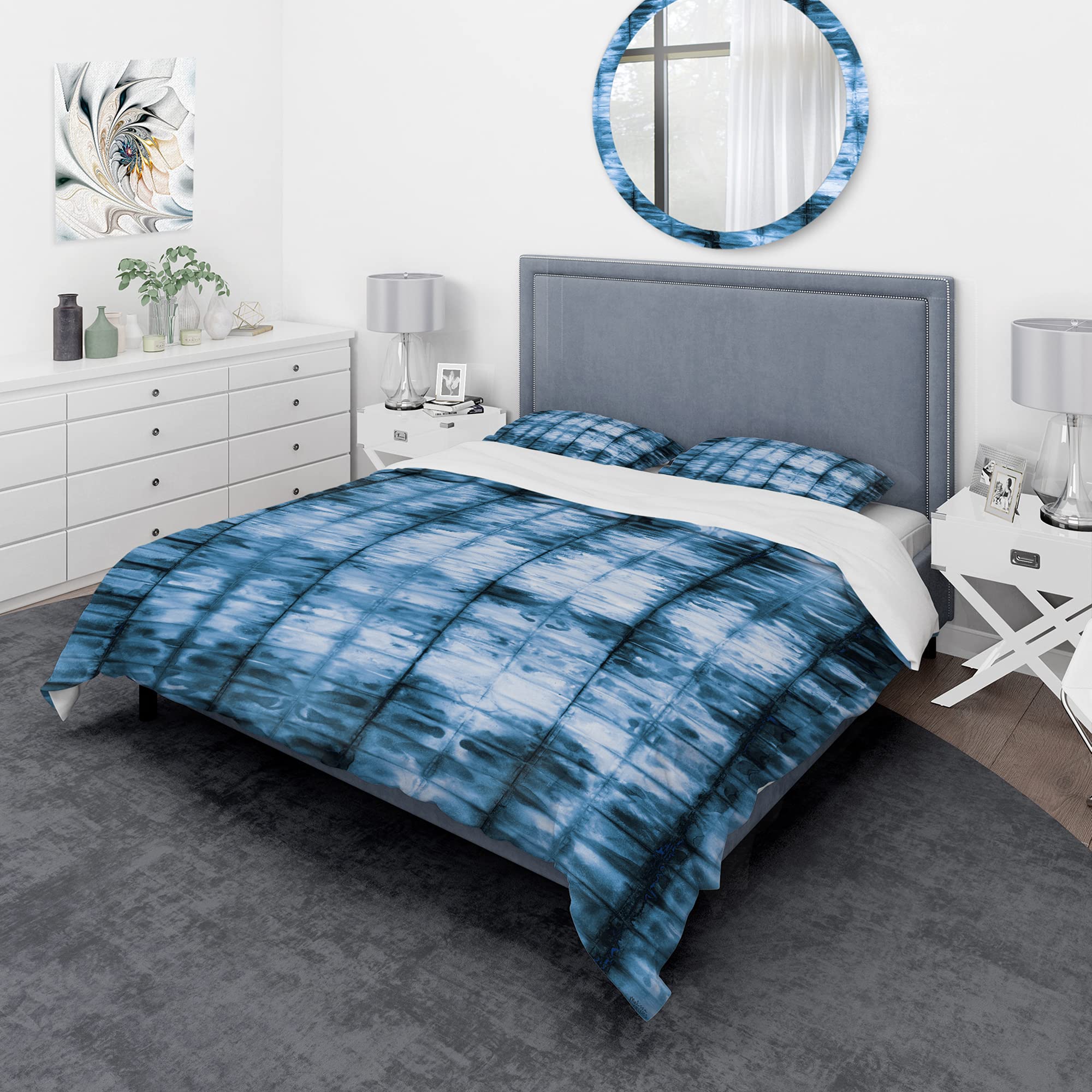 DesignQ Indigo Watercolor Geometric Mid-Century Modern Duvet Cover Set - King Size Blue Abstract Bedding (3-Piece) | All-Season Luxury Bedroom Decor for Master & Guest Rooms